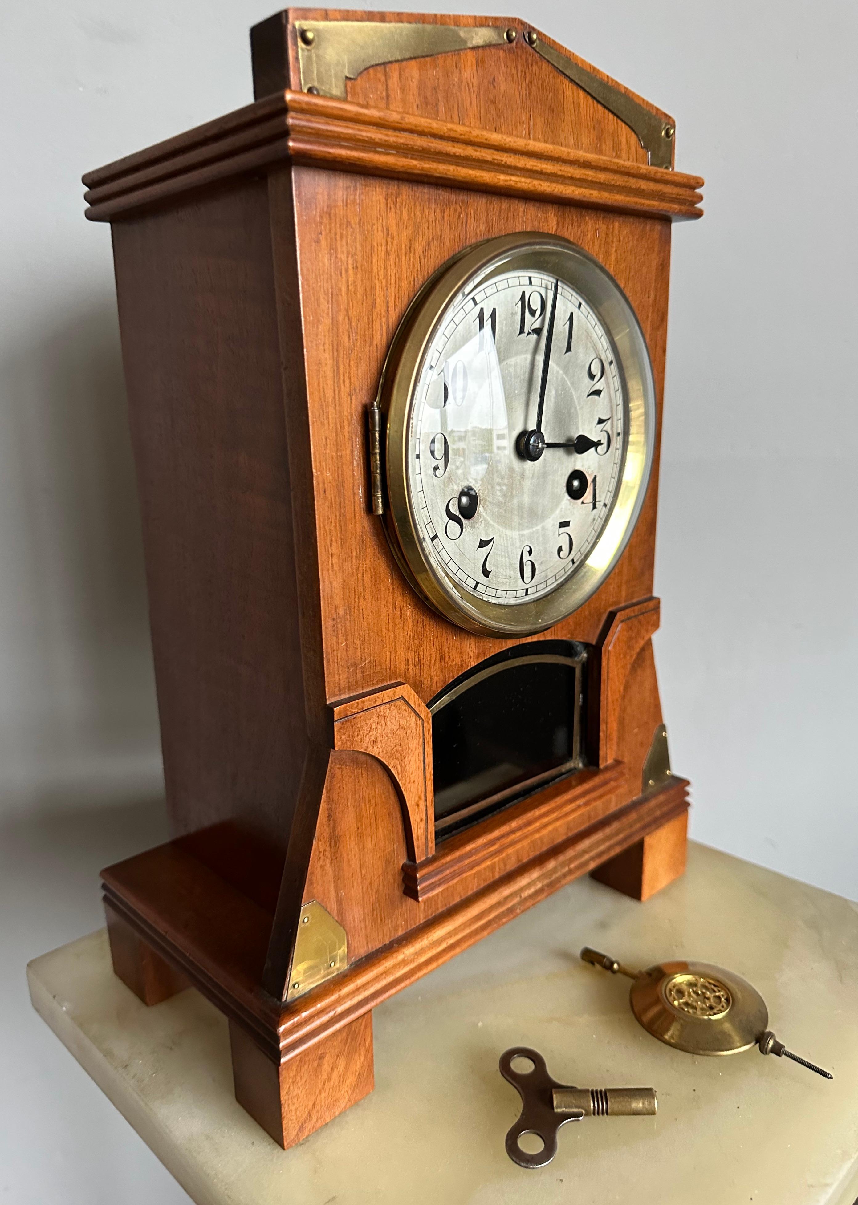 Jugendstil Superb Arts and Crafts Nutwood and Brass Pendulum / Table Clock or Desk Clock For Sale