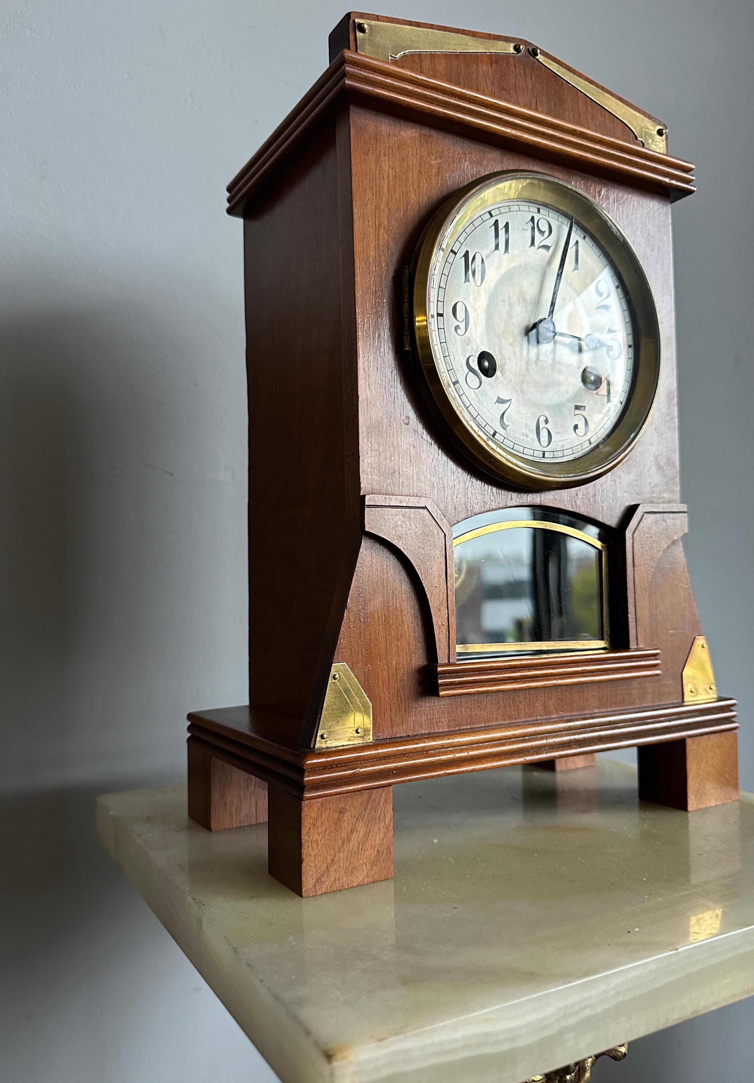Cast Superb Arts and Crafts Nutwood and Brass Pendulum / Table Clock or Desk Clock For Sale