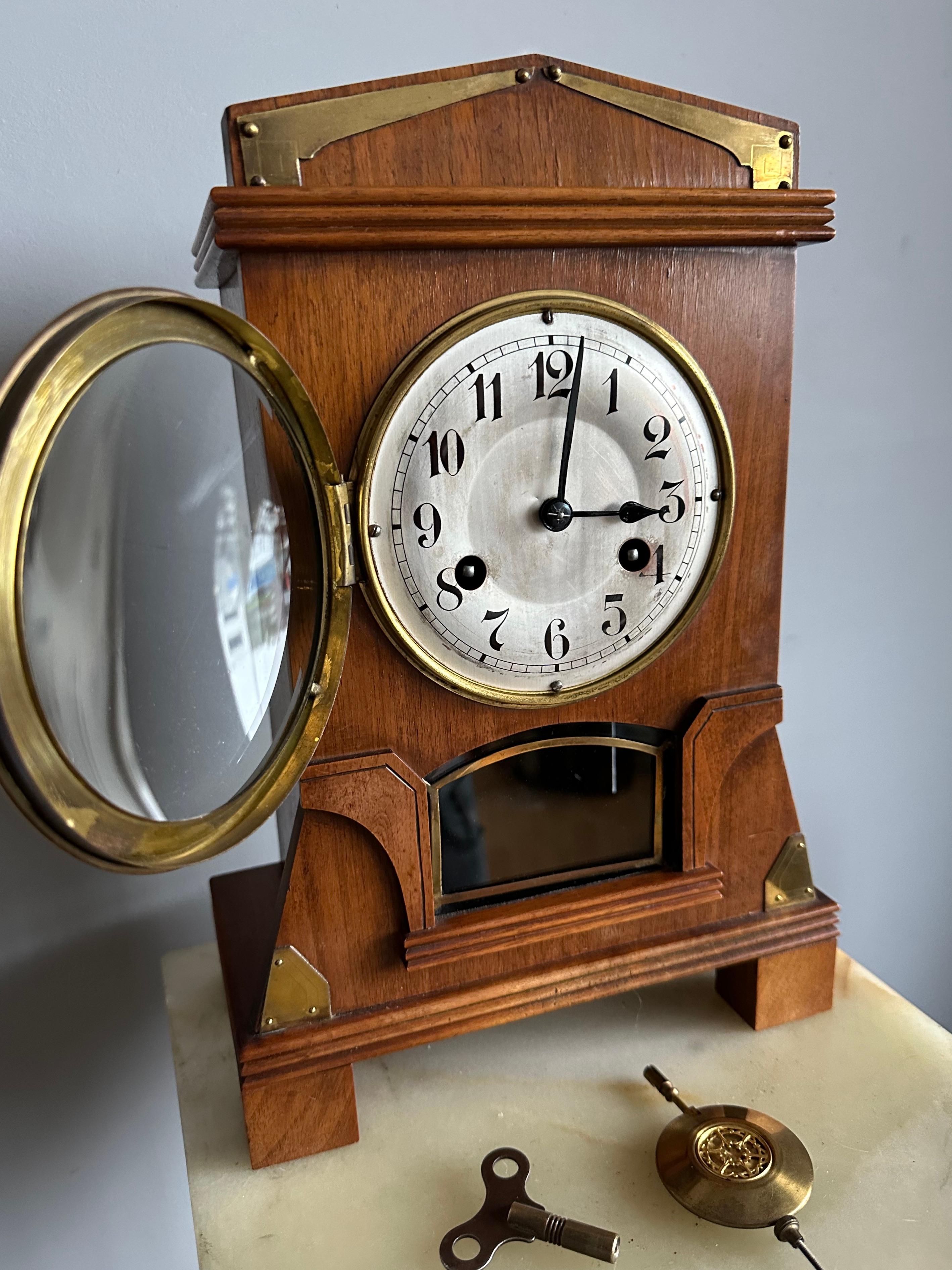Cast Superb Arts and Crafts Nutwood and Brass Pendulum / Table Clock or Desk Clock For Sale