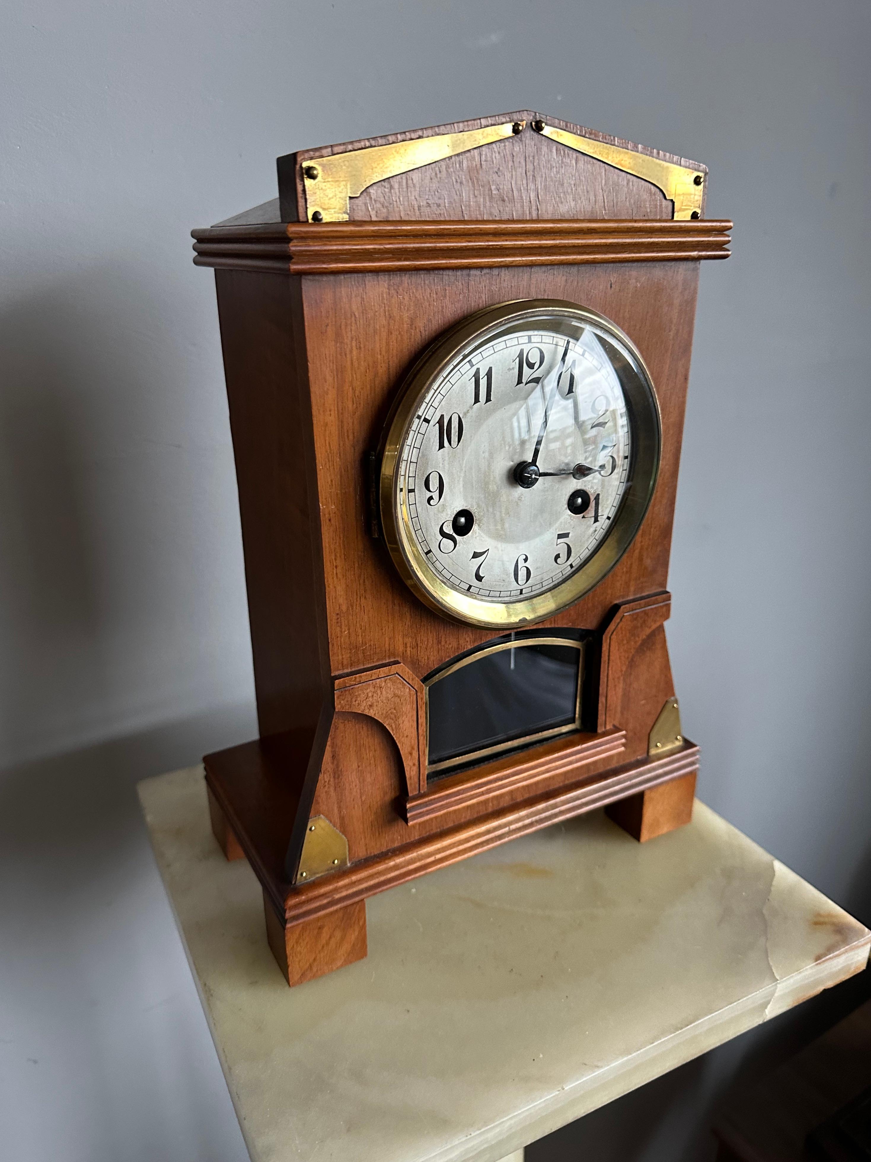 Superb Arts and Crafts Nutwood and Brass Pendulum / Table Clock or Desk Clock For Sale 1