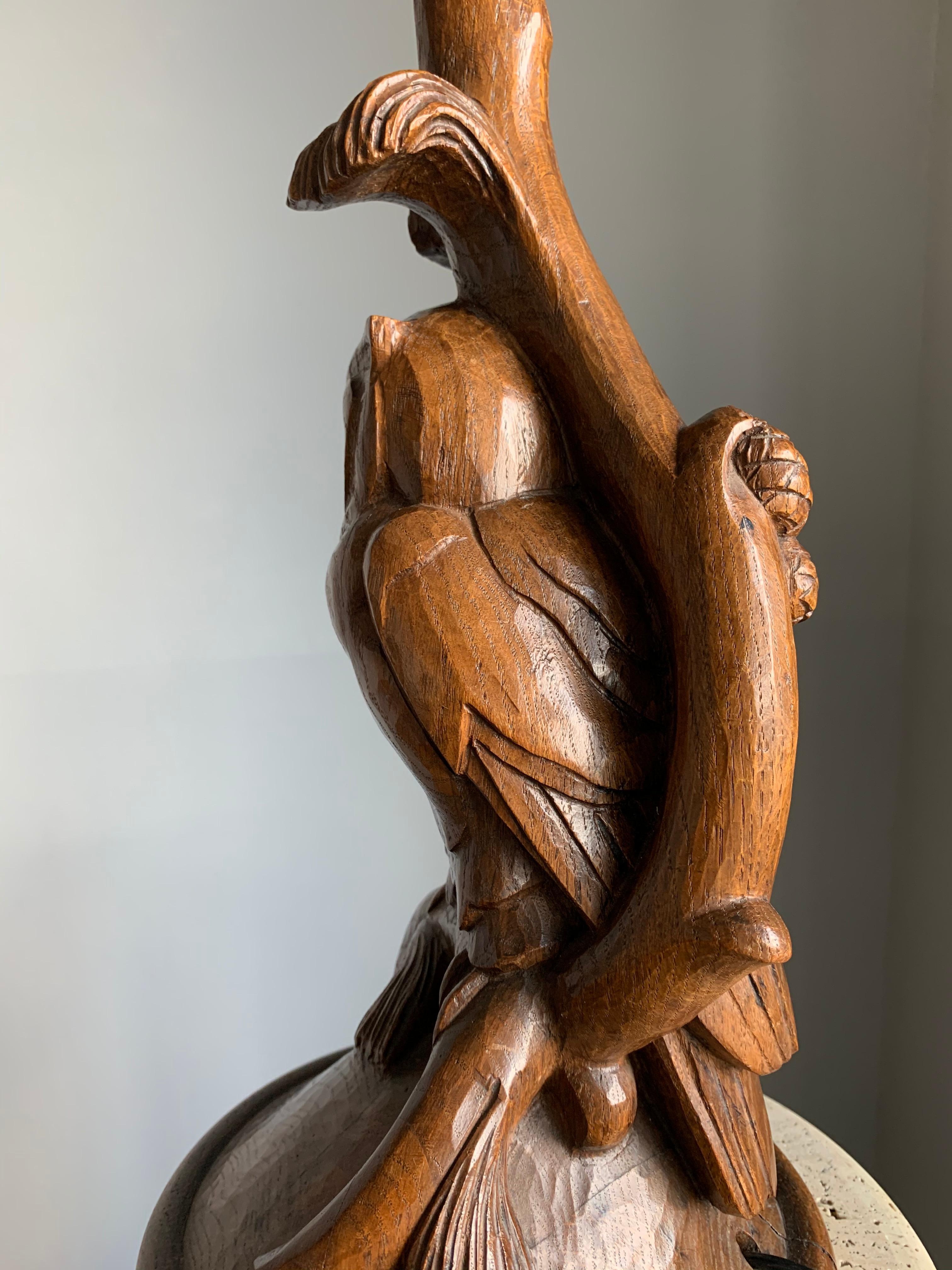 Stylish Arts & Crafts Hand Carved Oak Owl Sculpture Desk or Table Lamp 1920 5