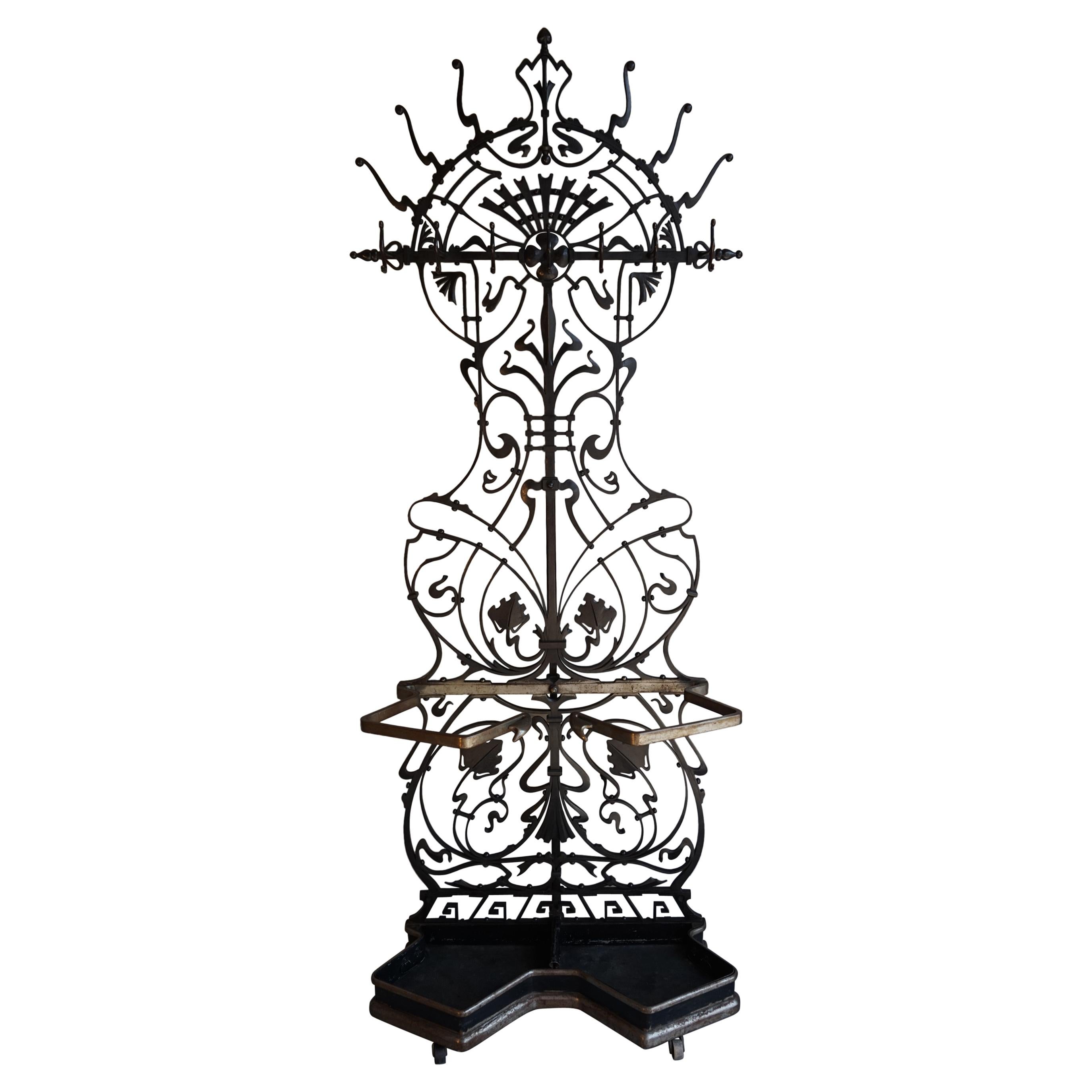 Superb Arts & Crafts Hand Forged Wrought Iron Hall Coat Rack and Umbrella Stand For Sale