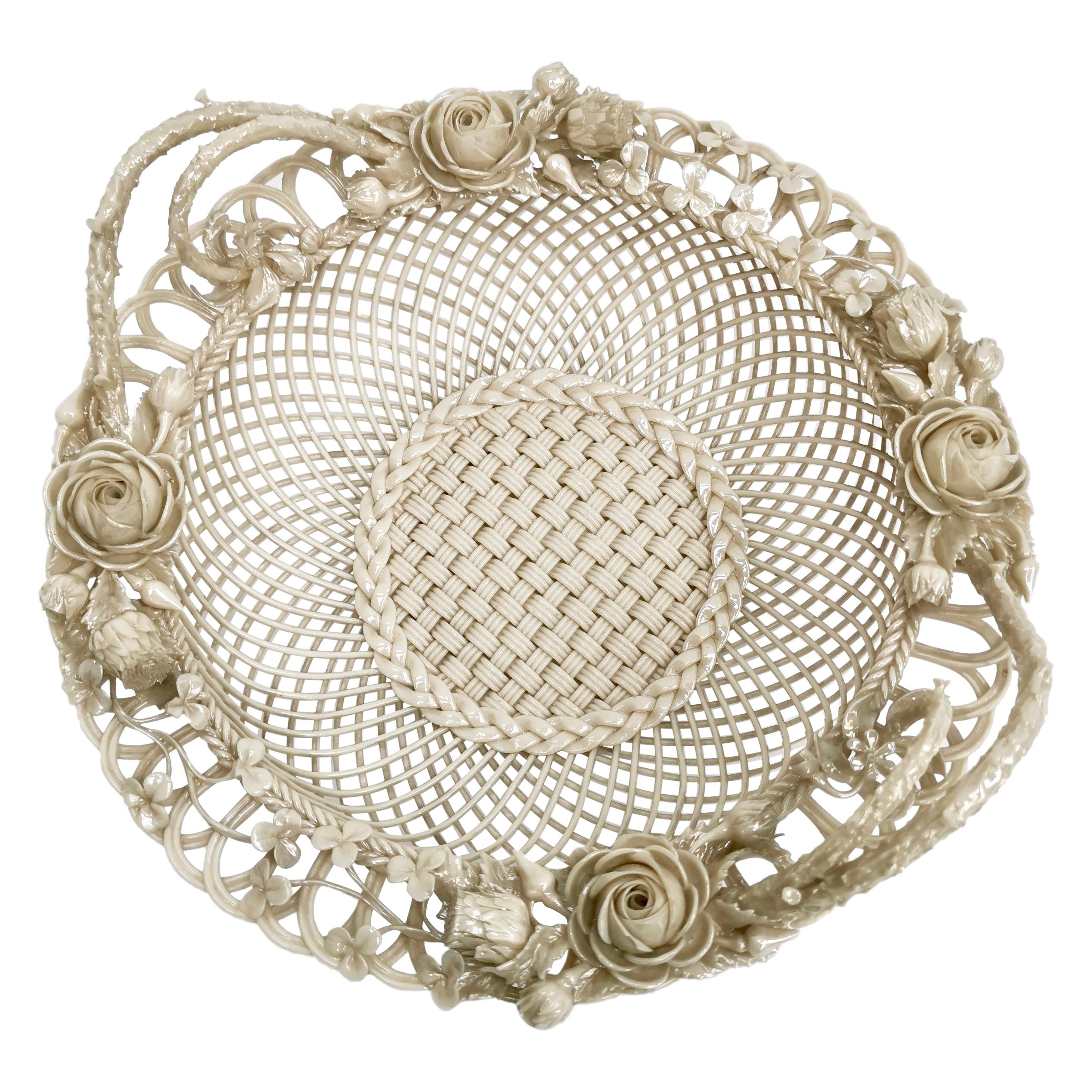 Superb Belleek Romantic White Porcelain Basket, Victorian 1863-1891