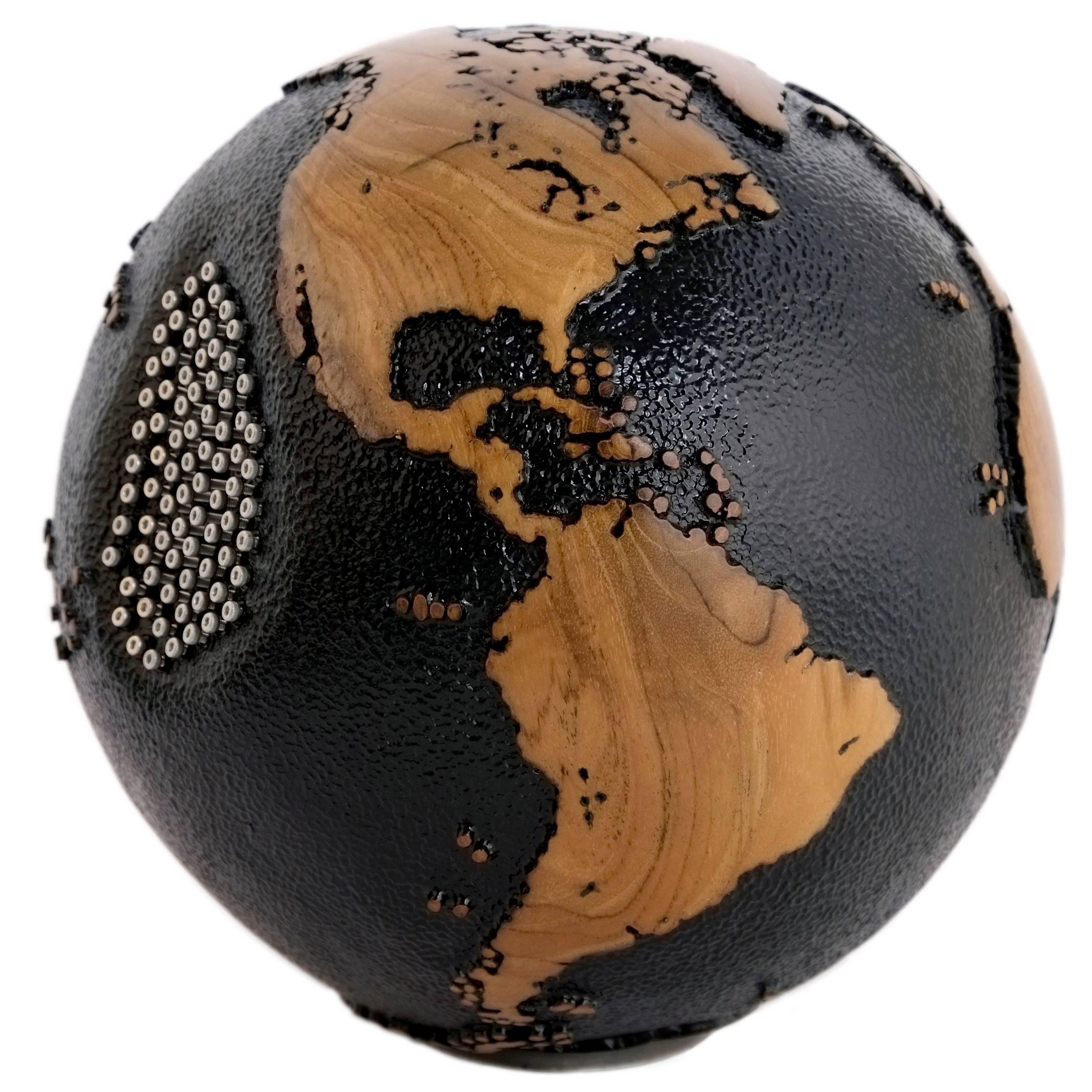 Superb Black Beauty Wooden Globe with 79 Stainless Bolts, 20 cm, Saturday Sale For Sale