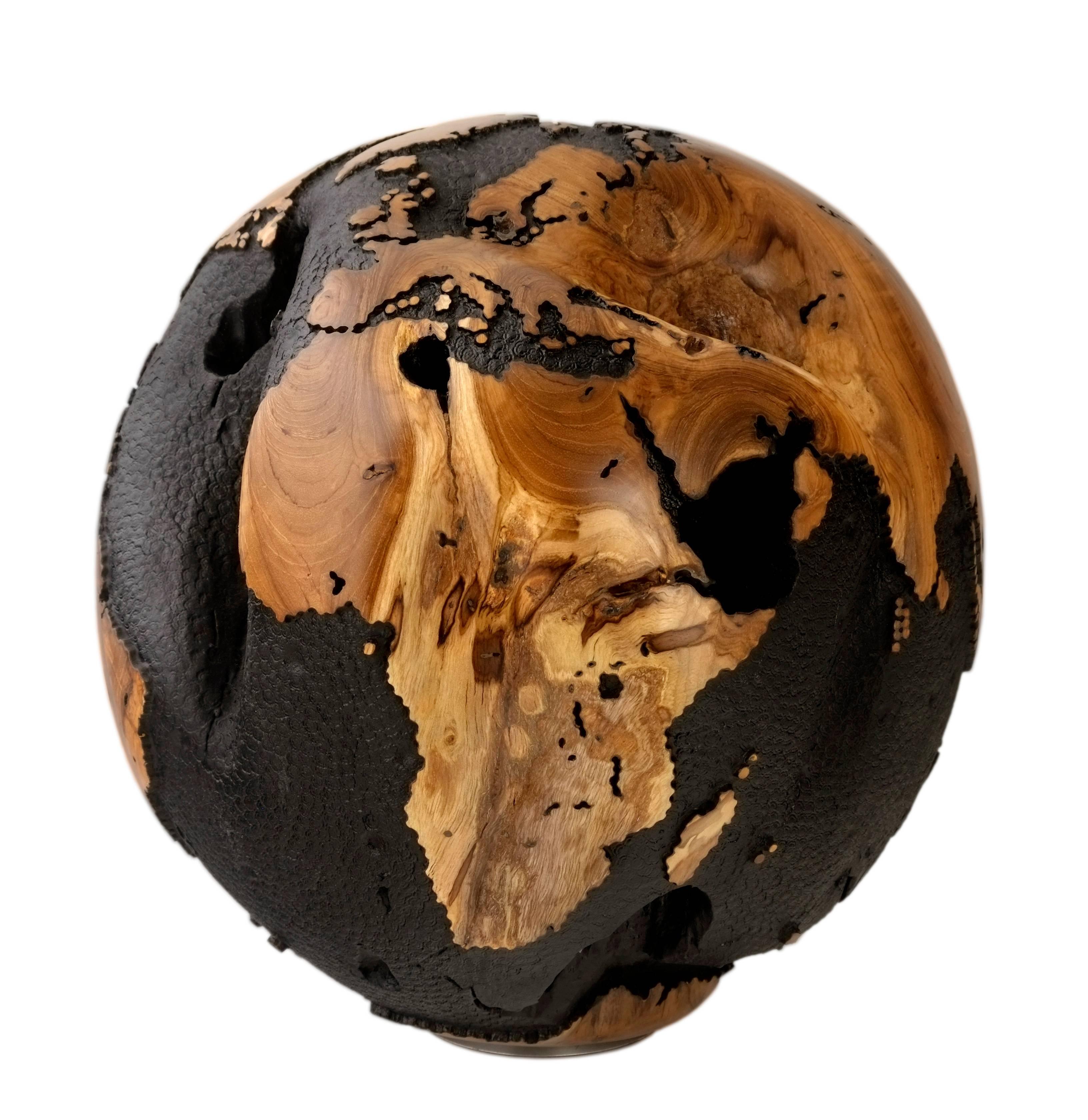 Organic Modern Superb Black, Wooden Globe with Iron Layer, Black Paint, Hammered Finish, 30 cm