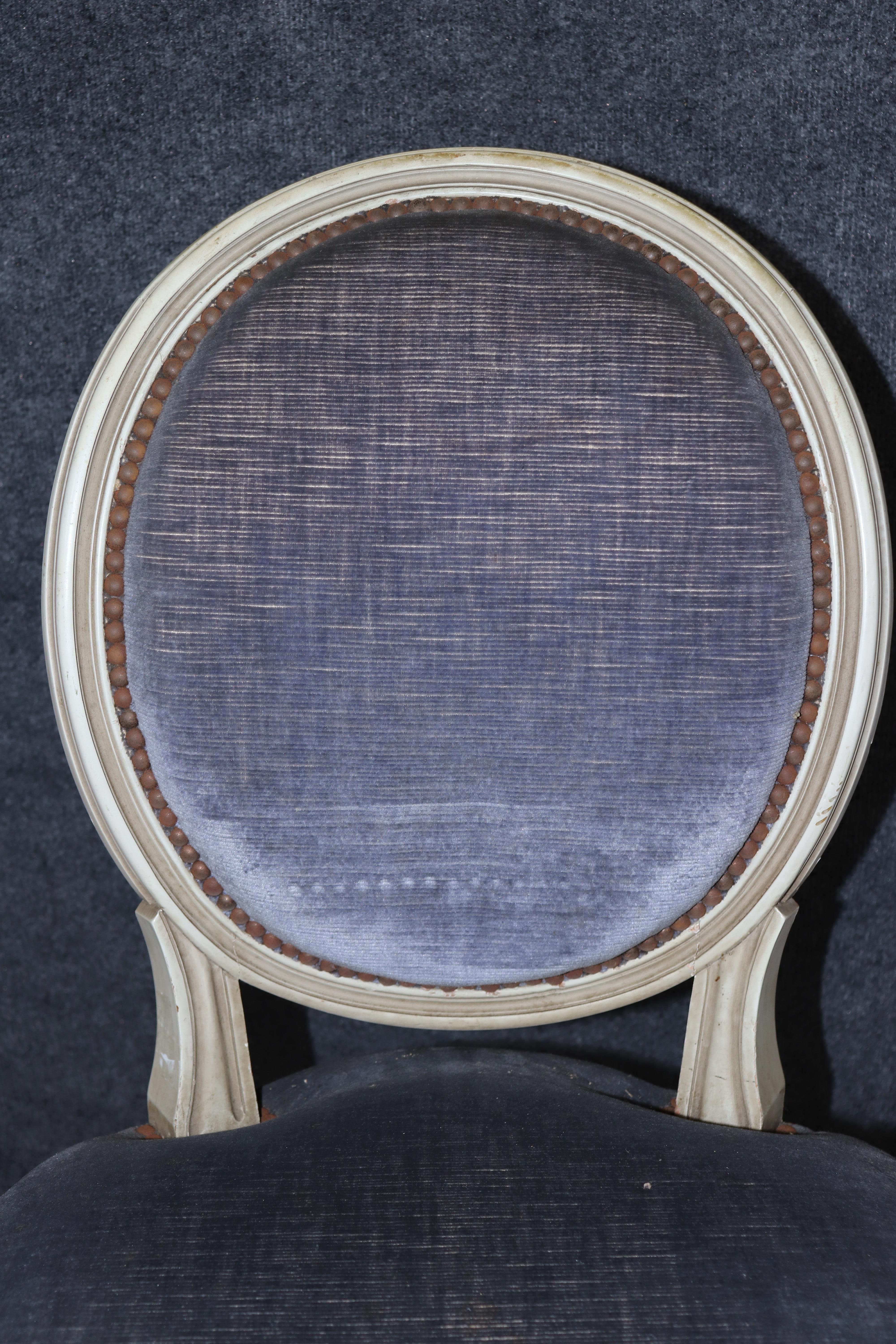 Superb Blue Velvet and Off-White Painted French Cameo Oval Back Dining Chairs For Sale 5