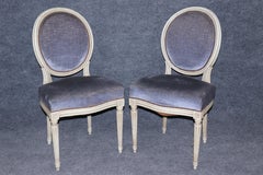 Superb Blue Velvet and Off-White Painted French Cameo Oval Back Dining Chairs