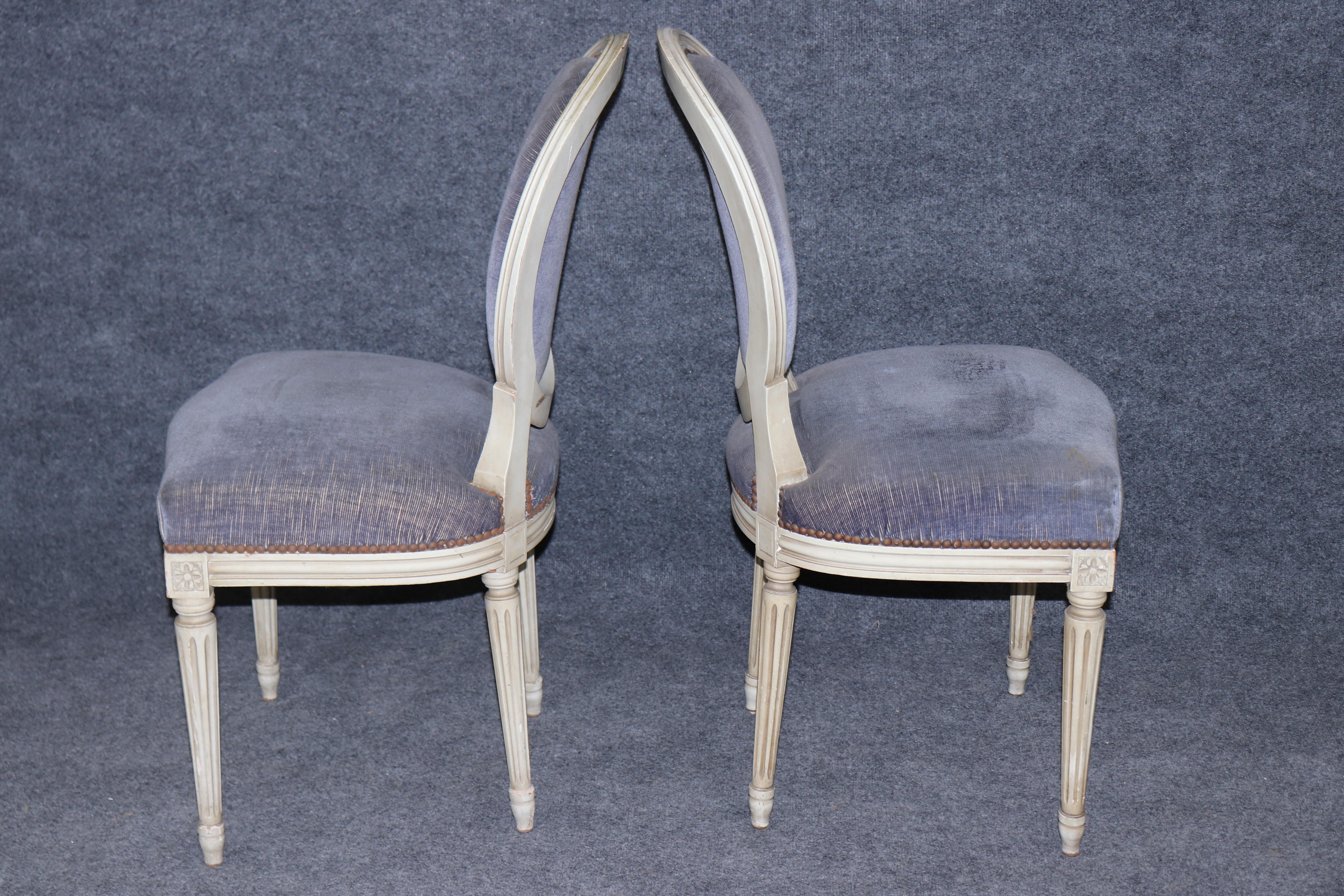 Superb Blue Velvet and Off-White Painted French Cameo Oval Back Dining Chairs In Good Condition For Sale In Swedesboro, NJ