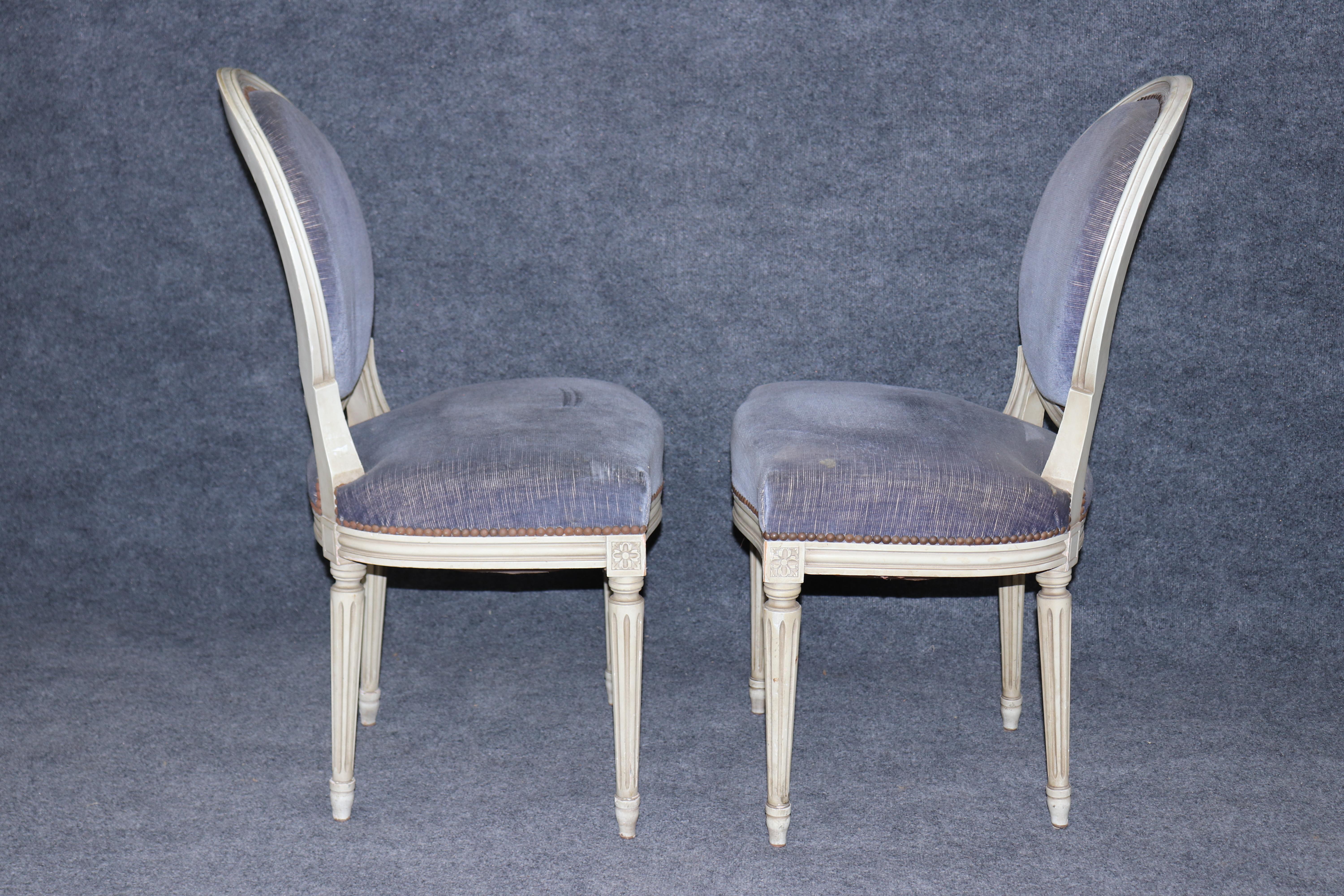 Superb Blue Velvet and Off-White Painted French Cameo Oval Back Dining Chairs For Sale 1