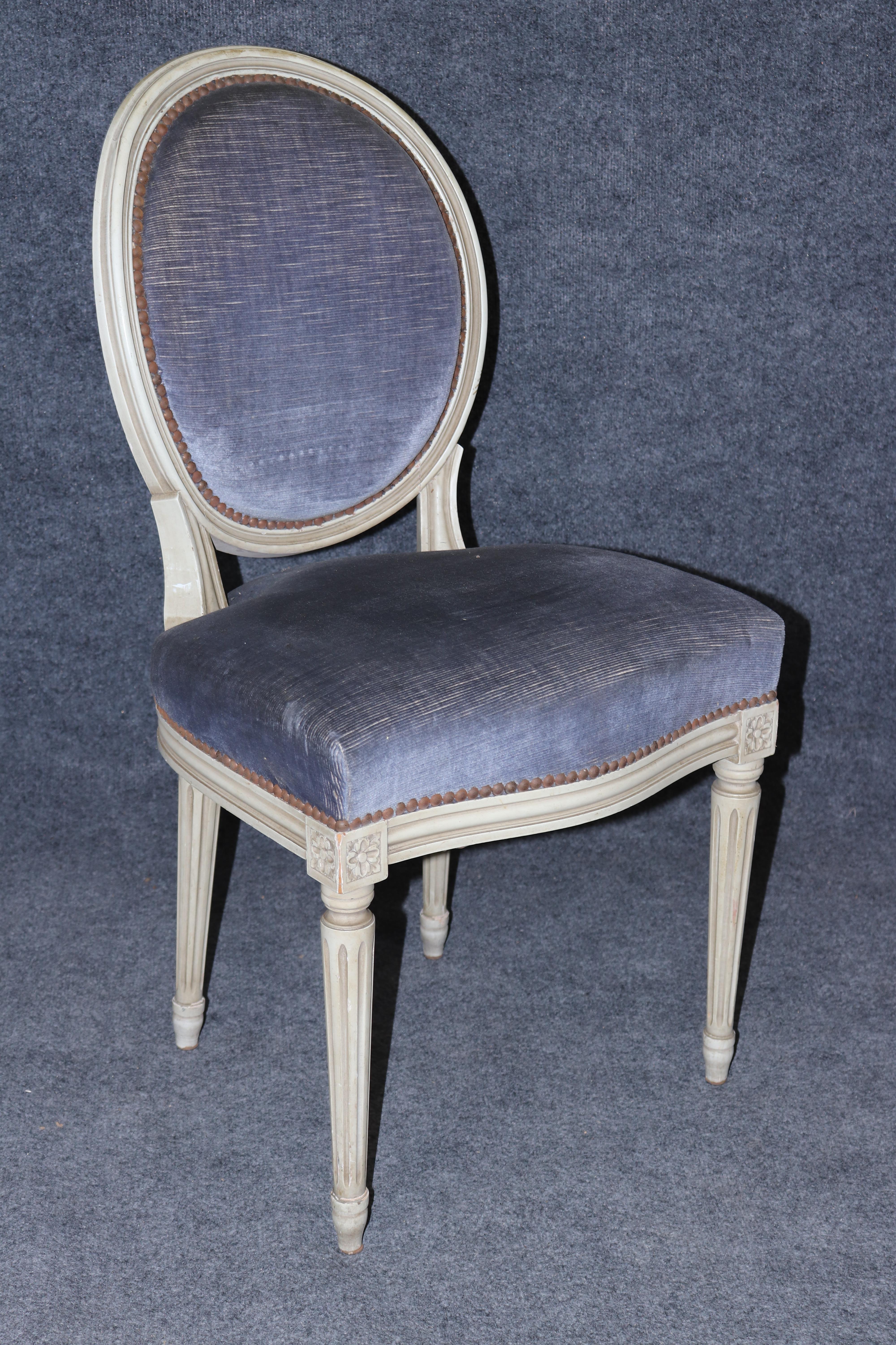 Superb Blue Velvet and Off-White Painted French Cameo Oval Back Dining Chairs For Sale 2