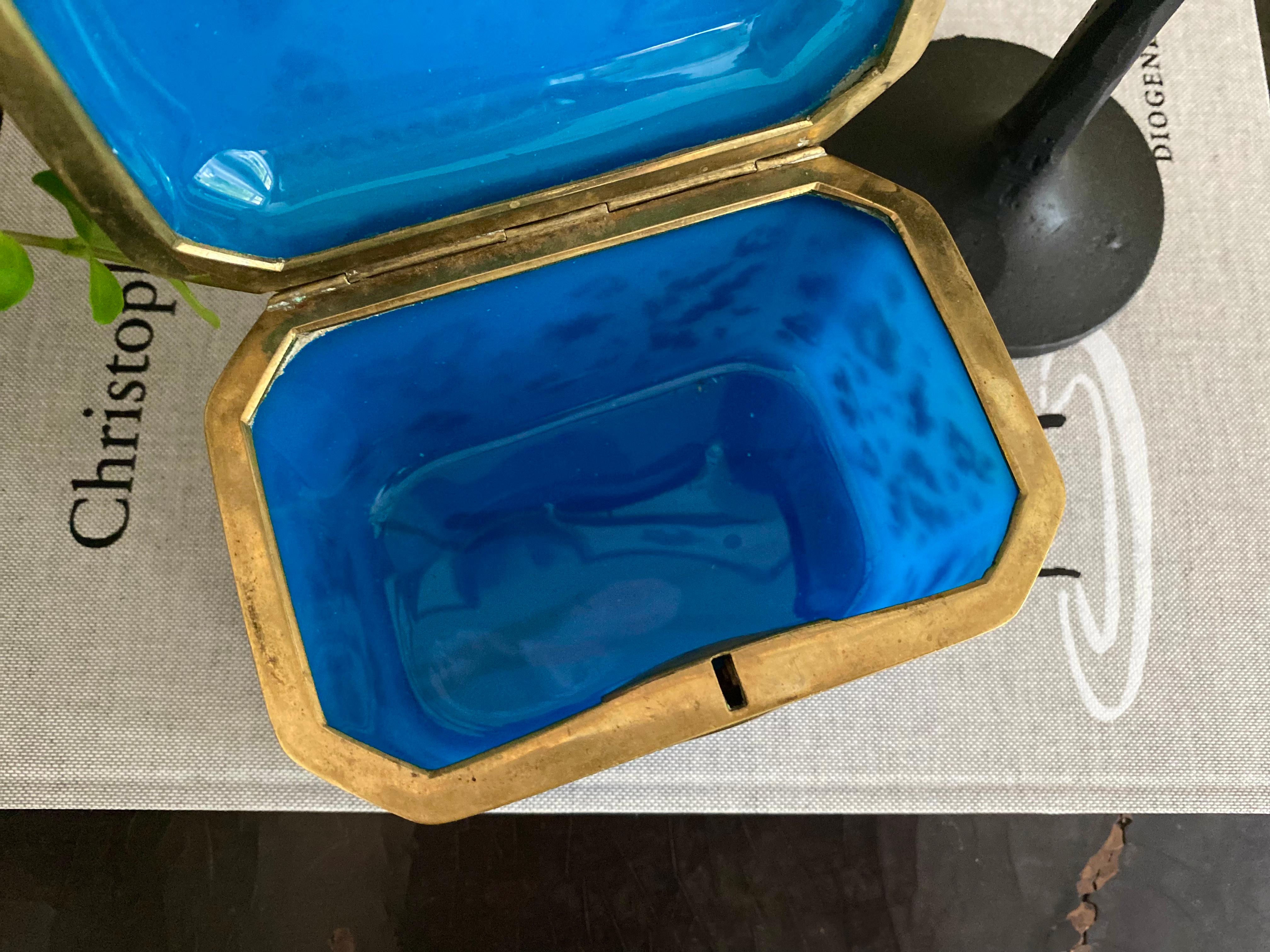 Brass Superb Bohemian Barfatan blue Opaline Enamelled Glass Box