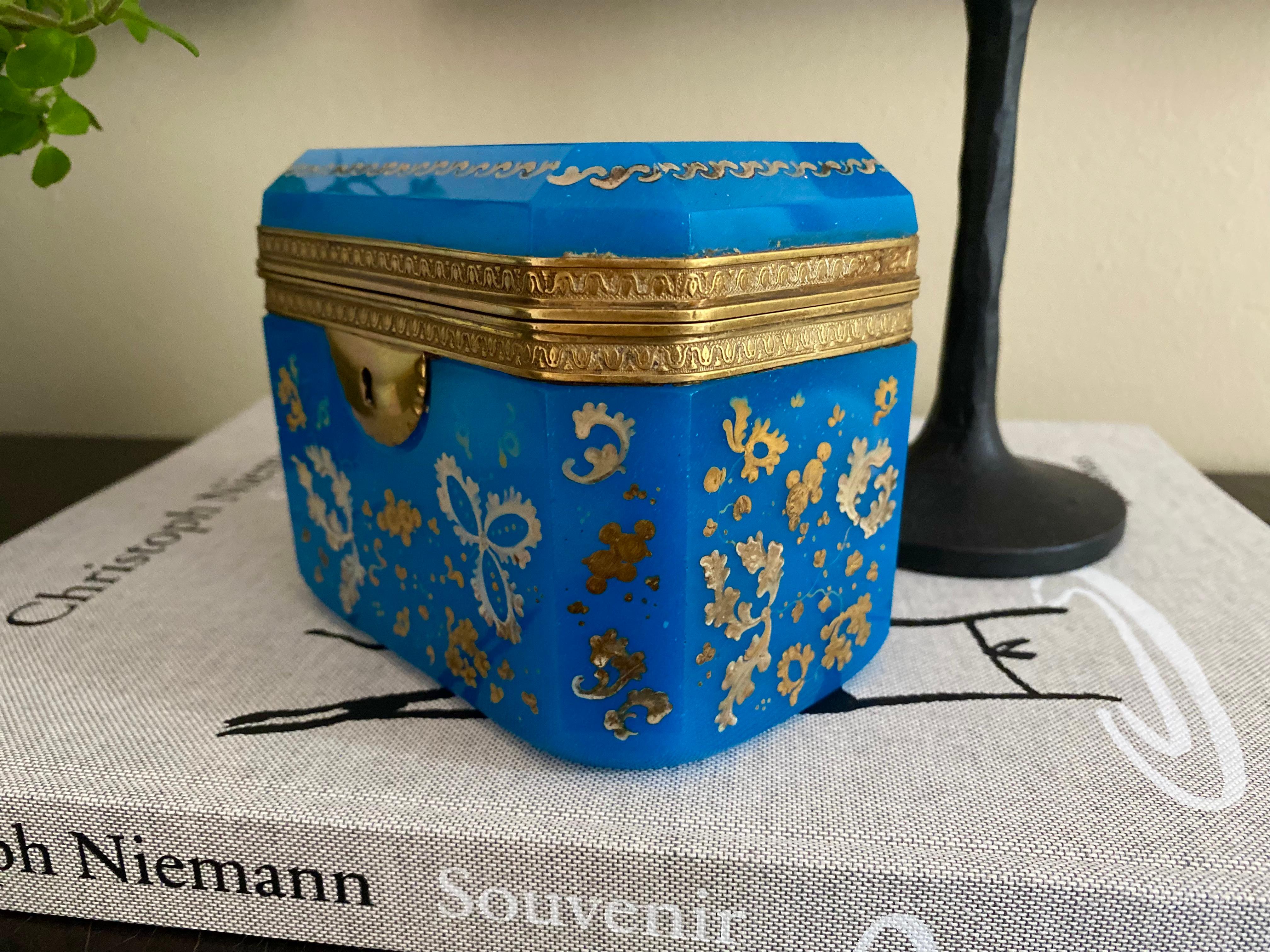 Hand-Carved Superb Bohemian Barfatan blue Opaline Enamelled Glass Box