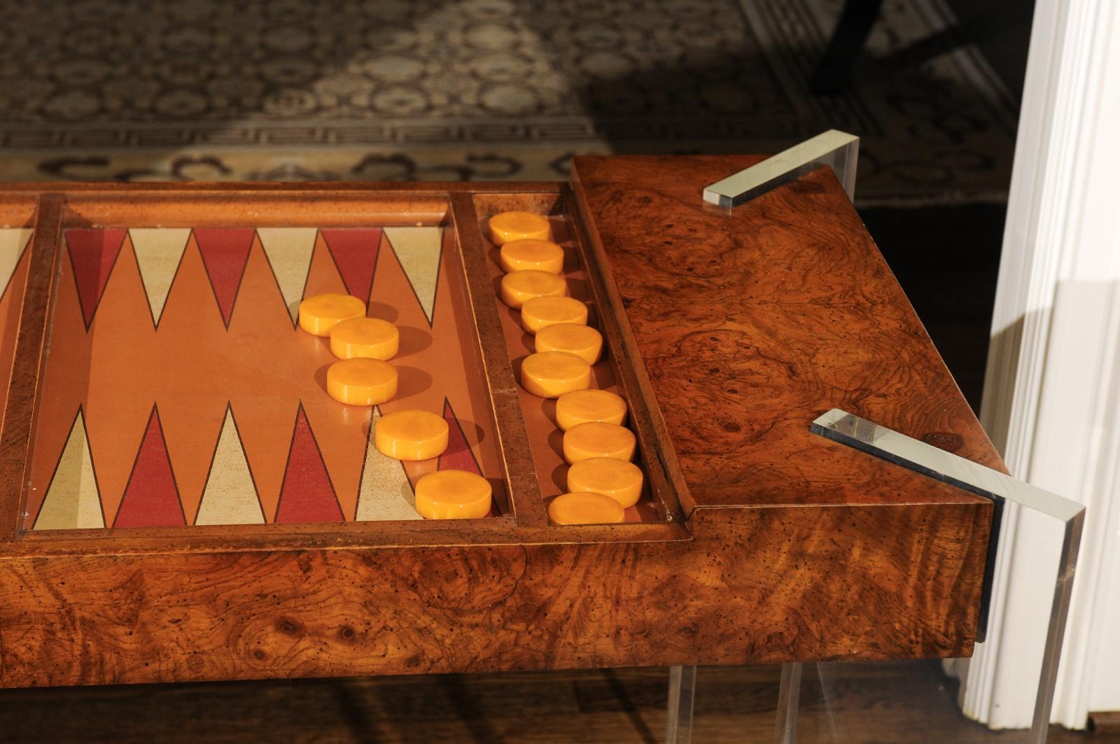 Lucite Superb Bookmatch Olivewood Console, Game Table and Writing Desk, circa 1975 For Sale