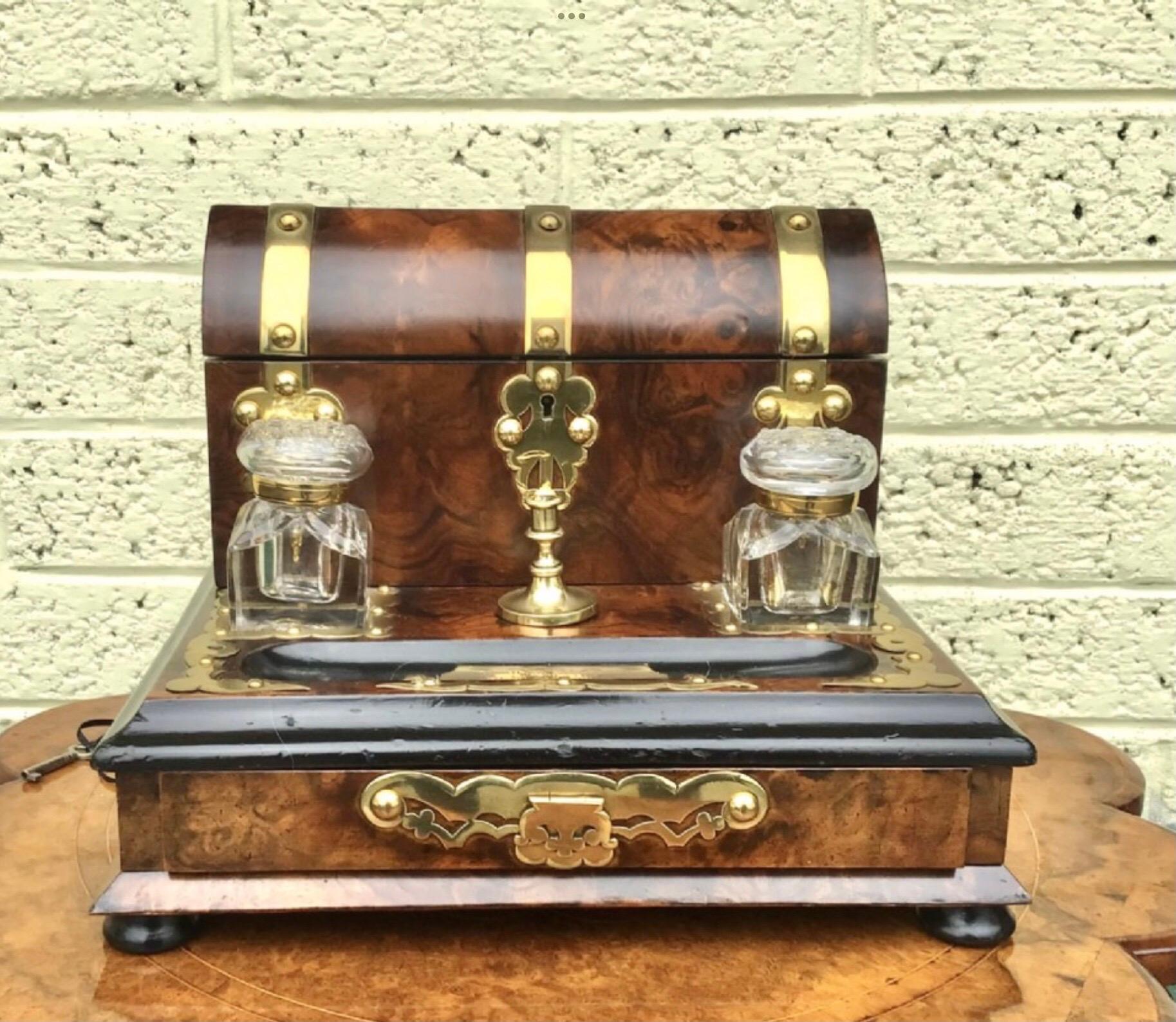 Victorian Superb Brass Bound Burr Walnut Antique Letter Writing Box