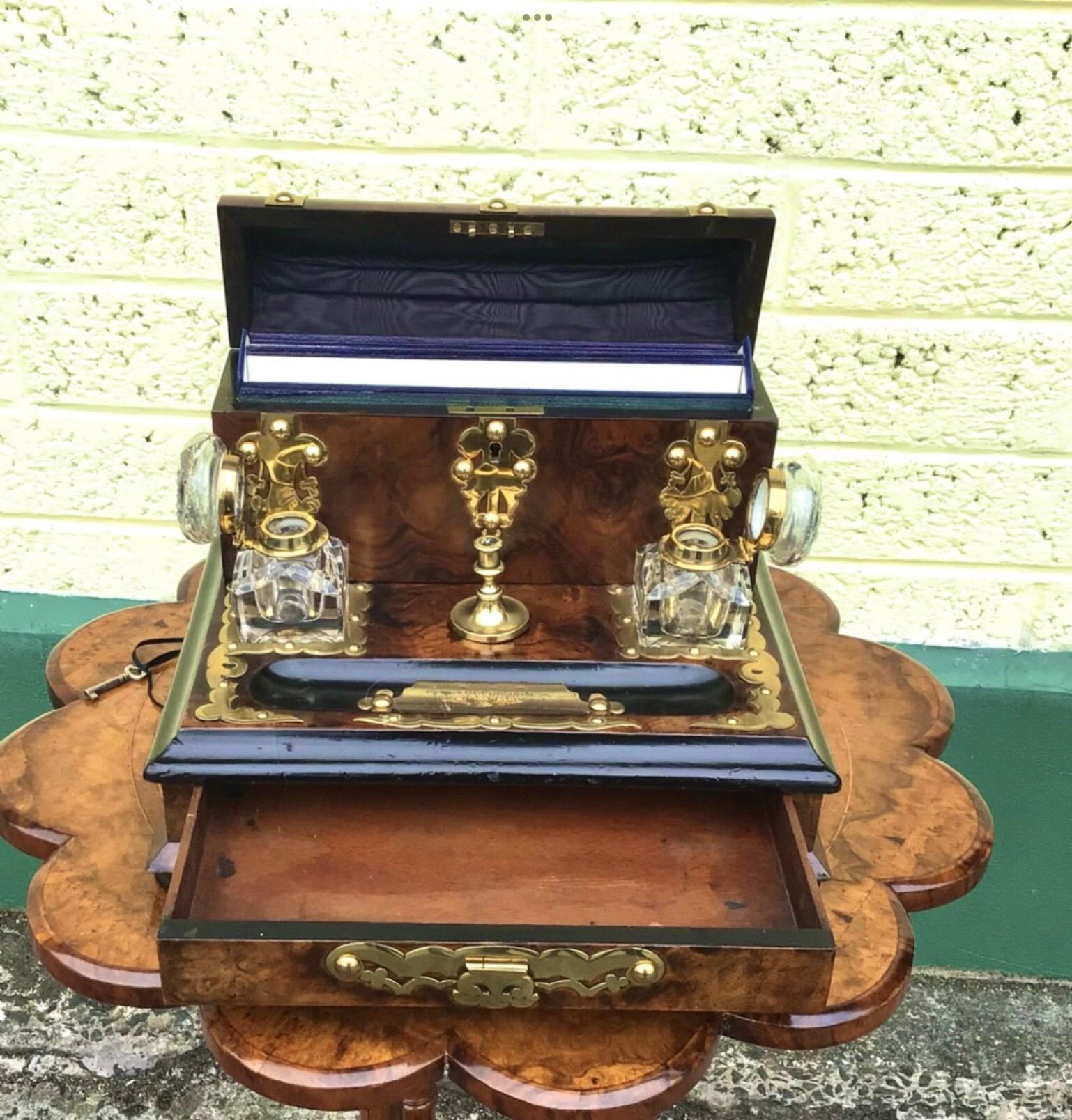 Superb Brass Bound Burr Walnut Antique Letter Writing Box In Excellent Condition In Antrim, GB