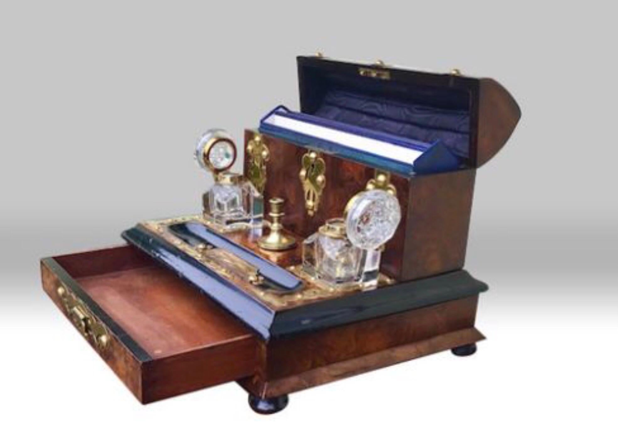 Late 19th Century Superb Brass Bound Burr Walnut Antique Letter Writing Box