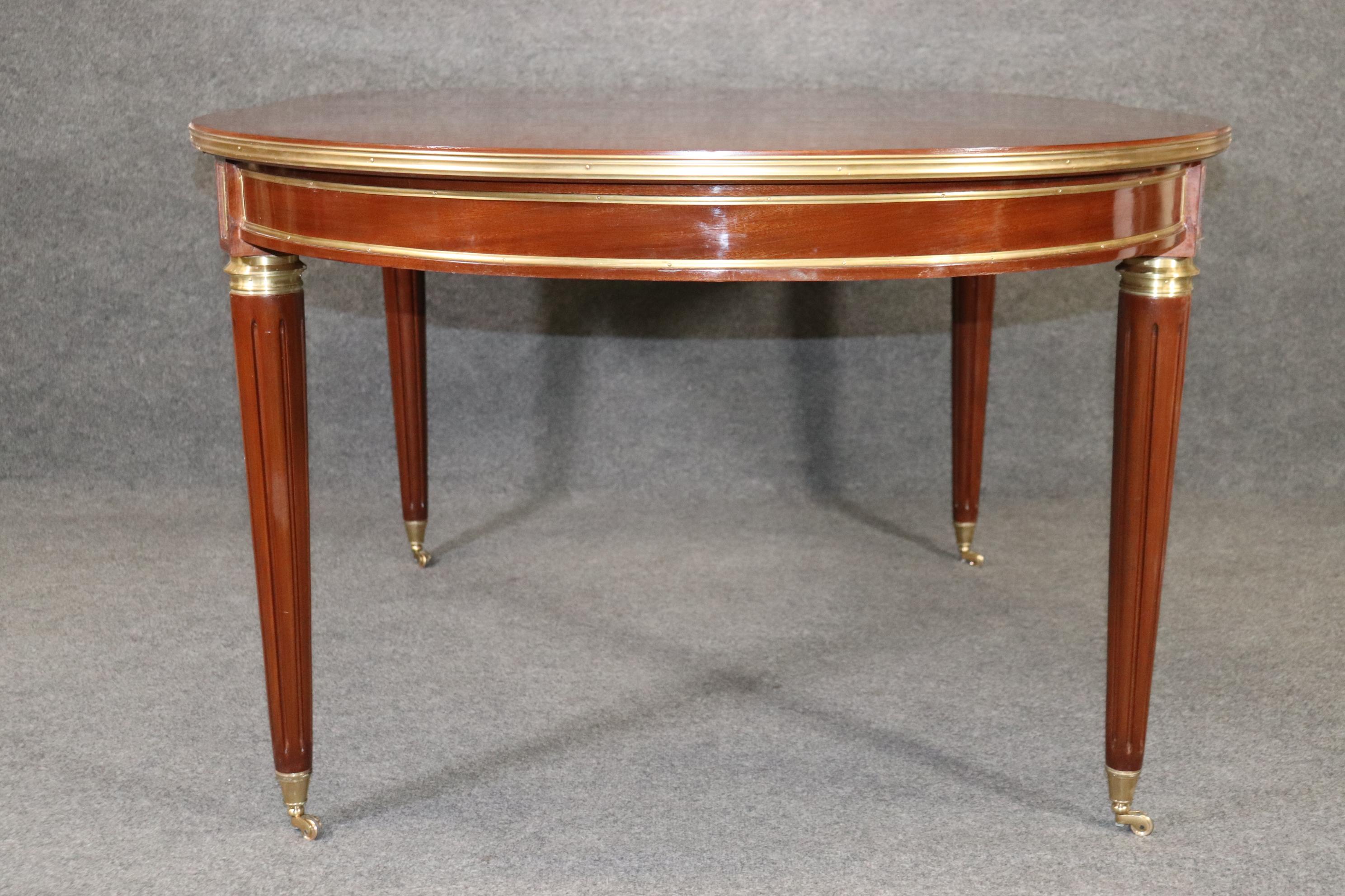 French Superb Brass Trimmed Maison Jansen Style Mahogany Dining Table with 3 Leaves