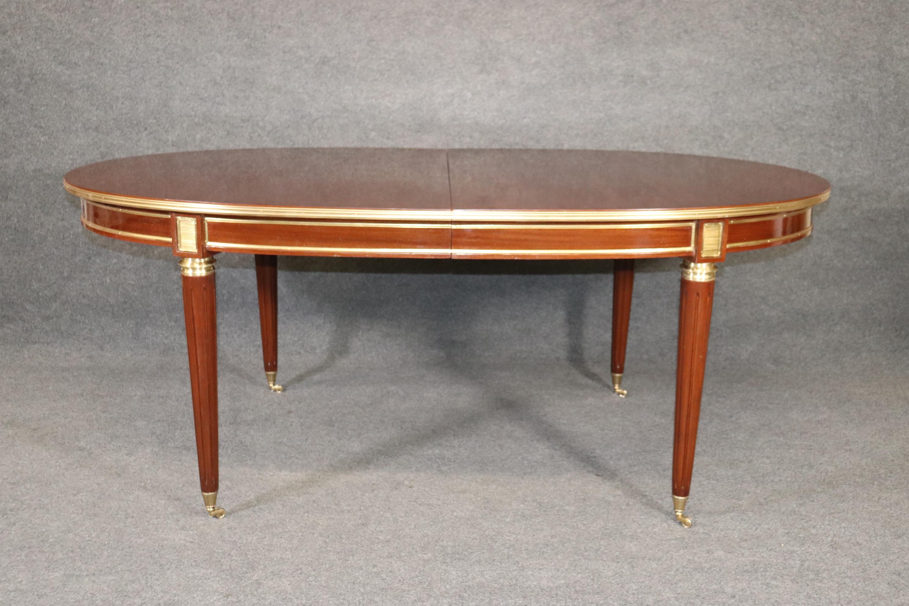 Superb Brass Trimmed Maison Jansen Style Mahogany Dining Table with 3 Leaves In Good Condition In Swedesboro, NJ