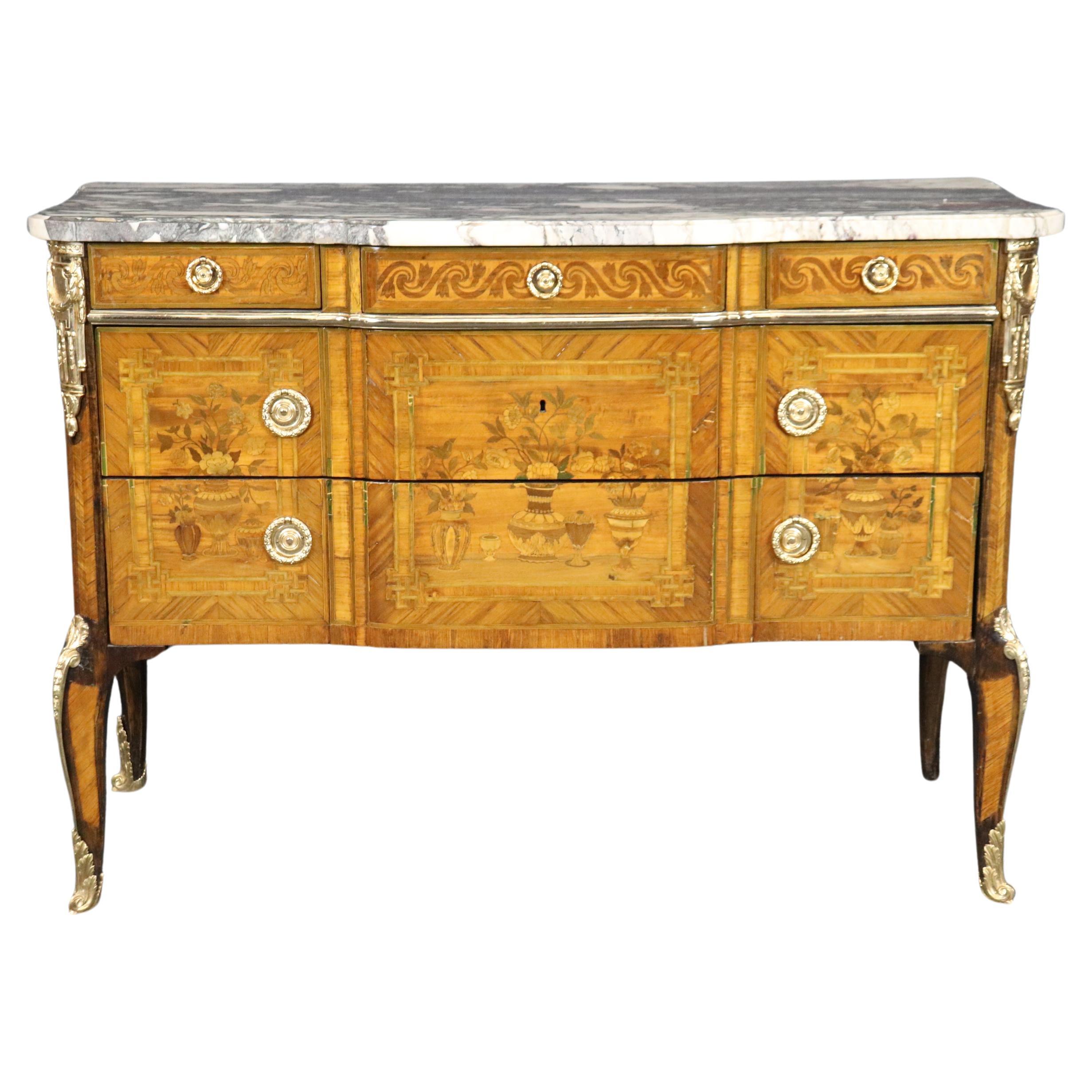 Superb Bright Bronze Ormolu French Louis XV Marble Top Commode Chest  For Sale
