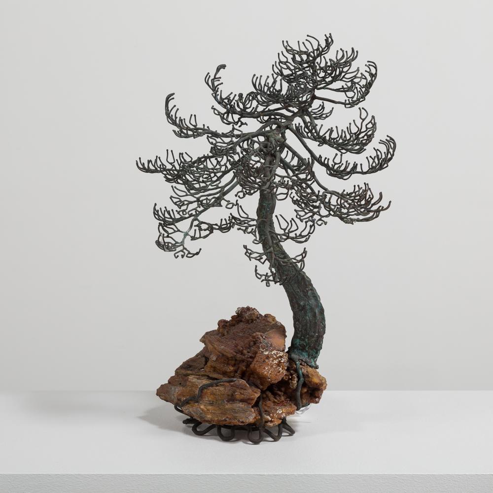 A Bonsai Tree table sculpture in worked bronze, showing a gnarled twisted tree in winter, mounted on a specimen rocky base, mid 1960s

Bonsai started in Japan in the 6th century. Bonsai or the art of Pen Jung translates to tray planting. Originally,