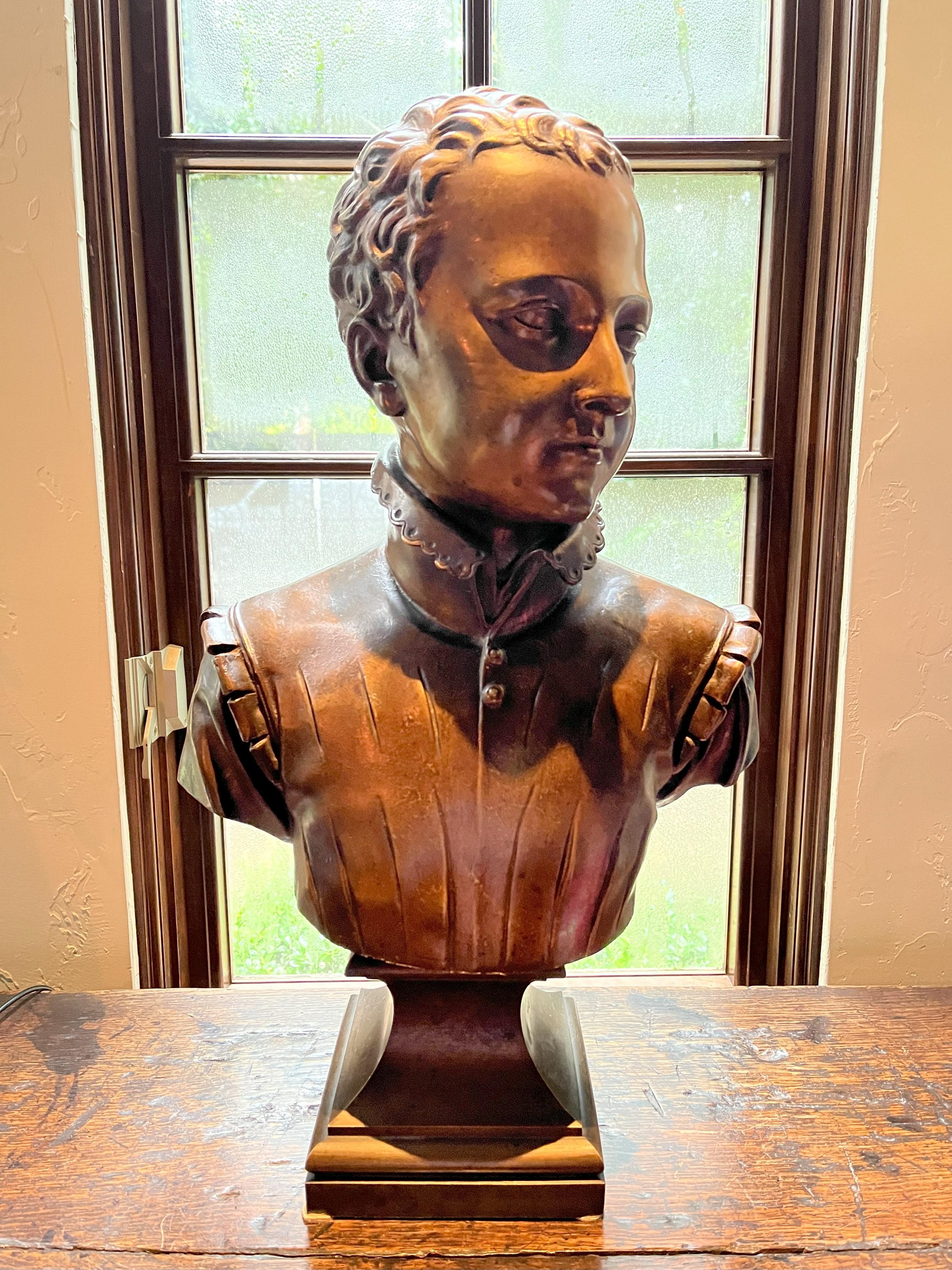 Superb bronze bust of Henri IV as young boy in doublet with standing collar (King of France 1589-1610) after François-Joseph Basio (1768-1845). The original was sculpted in 1822 and is on display in the Musée du Louvre.