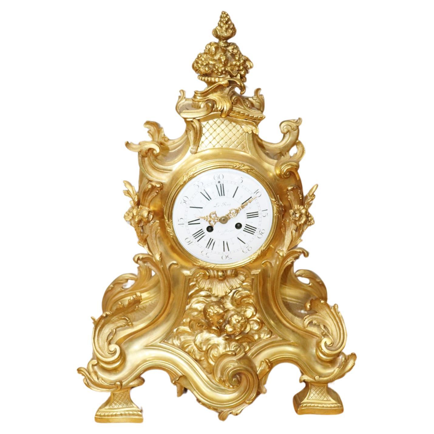 Superb Bronze High Quality Signed leRoy French Rococo Louis XV Mantle Clock For Sale