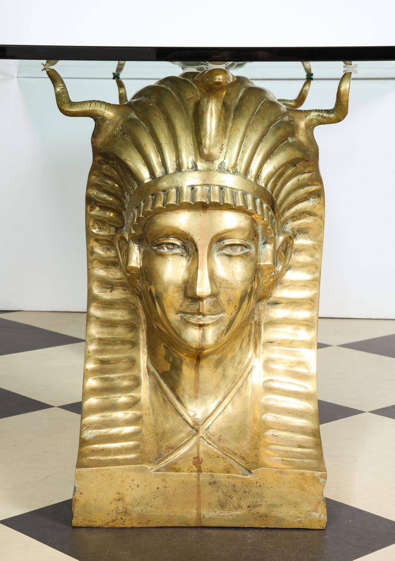 Mid-Century Modern Cast Bronze Pharaoh Head Dining Table with glass top For Sale