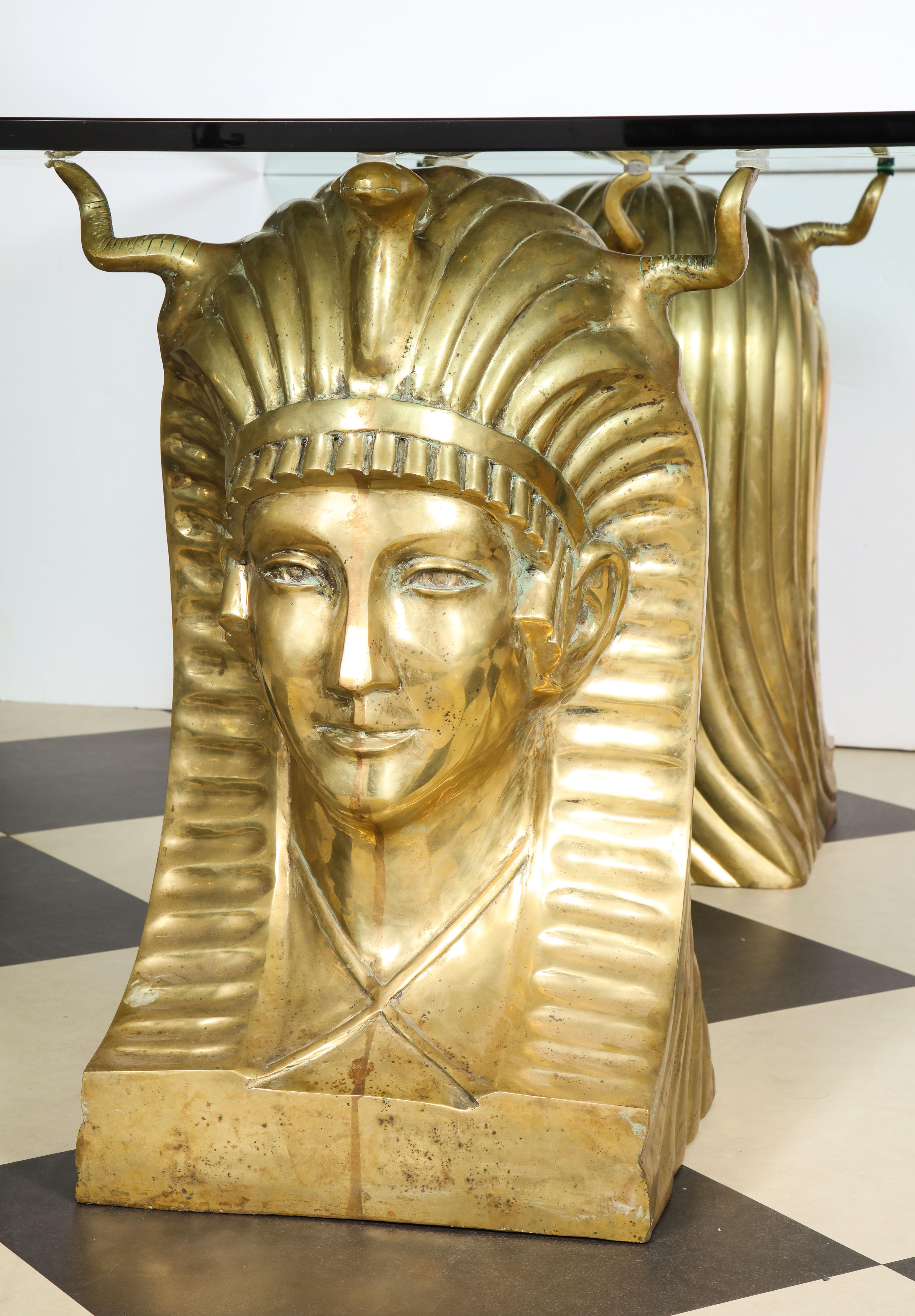 Cast Bronze Pharaoh Head Dining Table with glass top In Good Condition In New York, NY