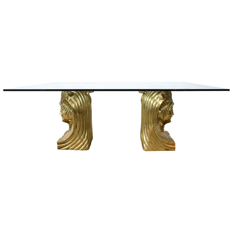 Cast Bronze Pharaoh Head Dining Table with glass top For Sale