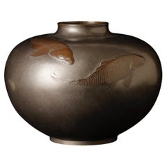 Vintage Superb Bronze Vase with Carved Koi by Hannya Kankei and Kōun – Japan, 20th