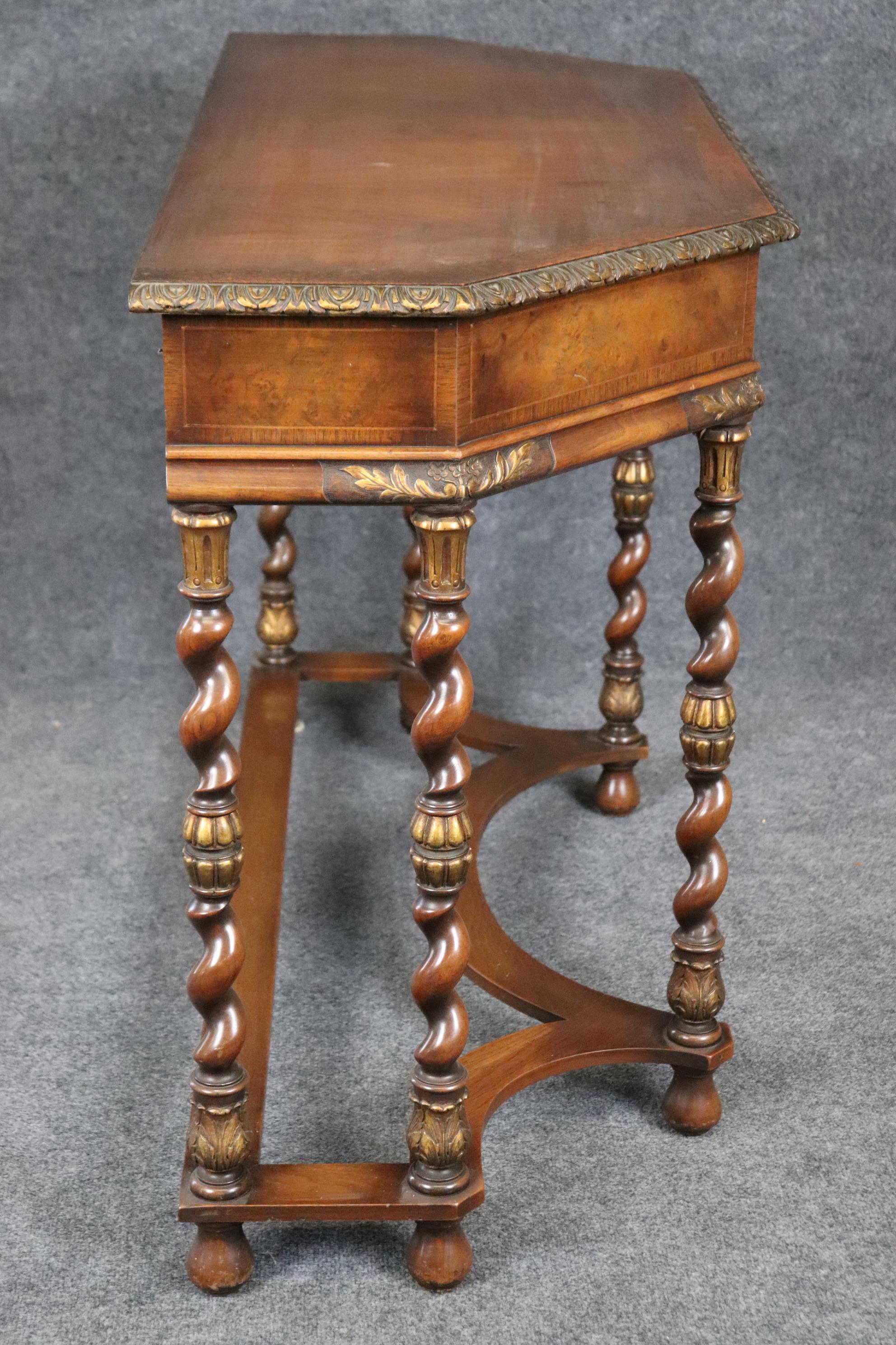 Jacobean Superb Burled Walnut Carved English Barley Twist Leg Console Table For Sale