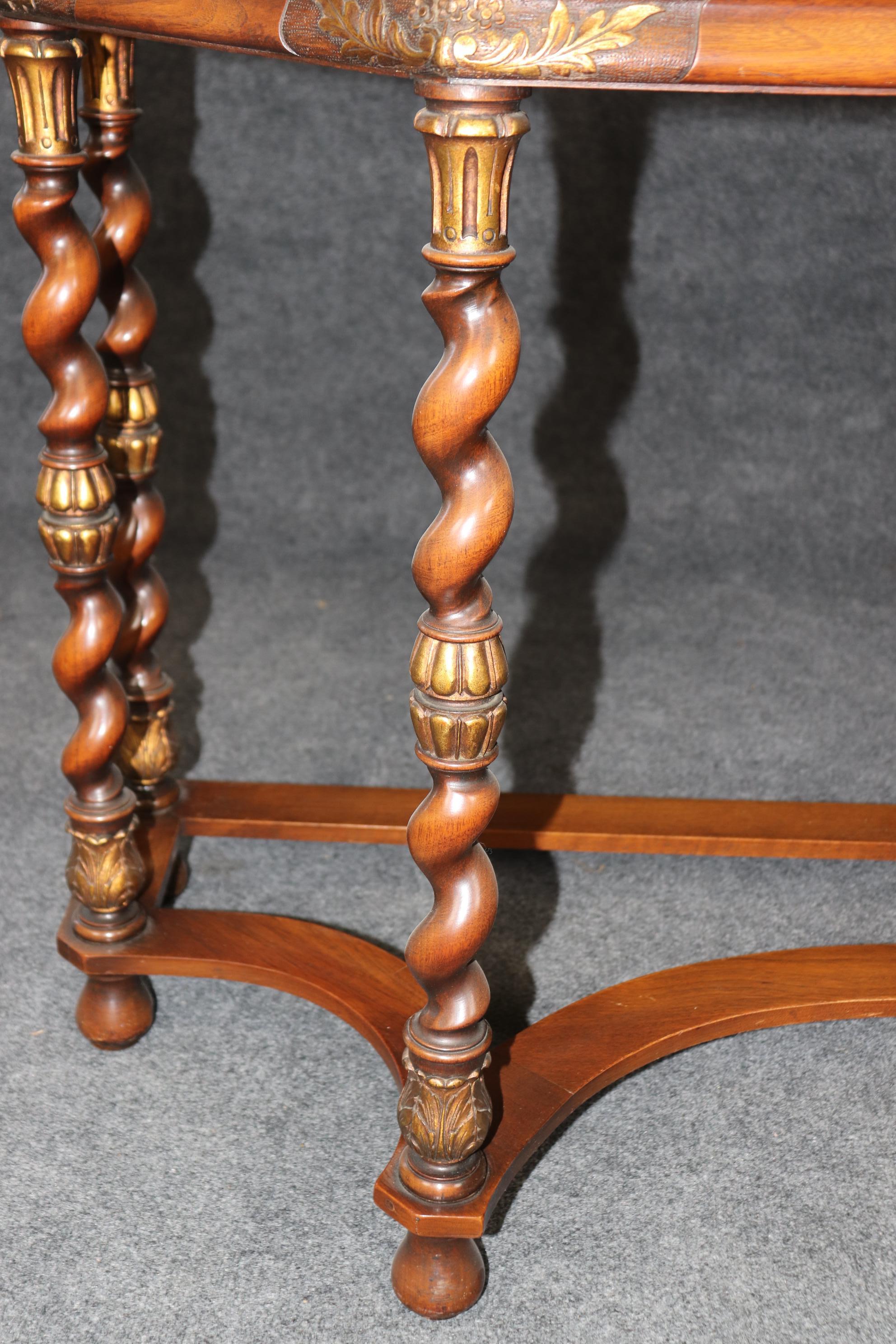 Superb Burled Walnut Carved English Barley Twist Leg Console Table For Sale 1
