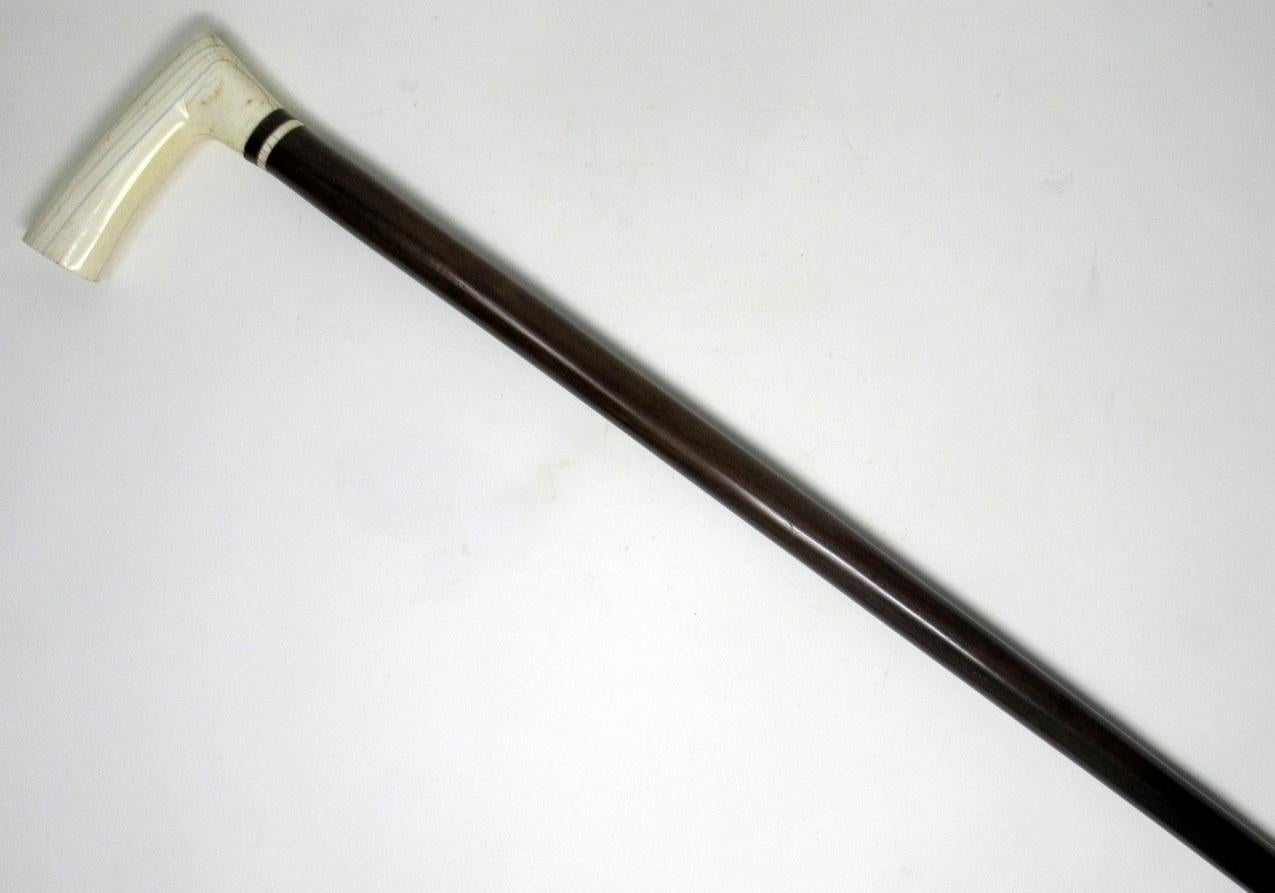 English Superb Carved Bone and Rosewood L-Shaped Walking Stick Cane, 19th Century