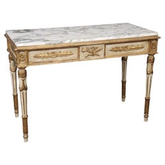 Superb Carved Creme Painted and Gilded Marble Top Neoclassical Console Table
