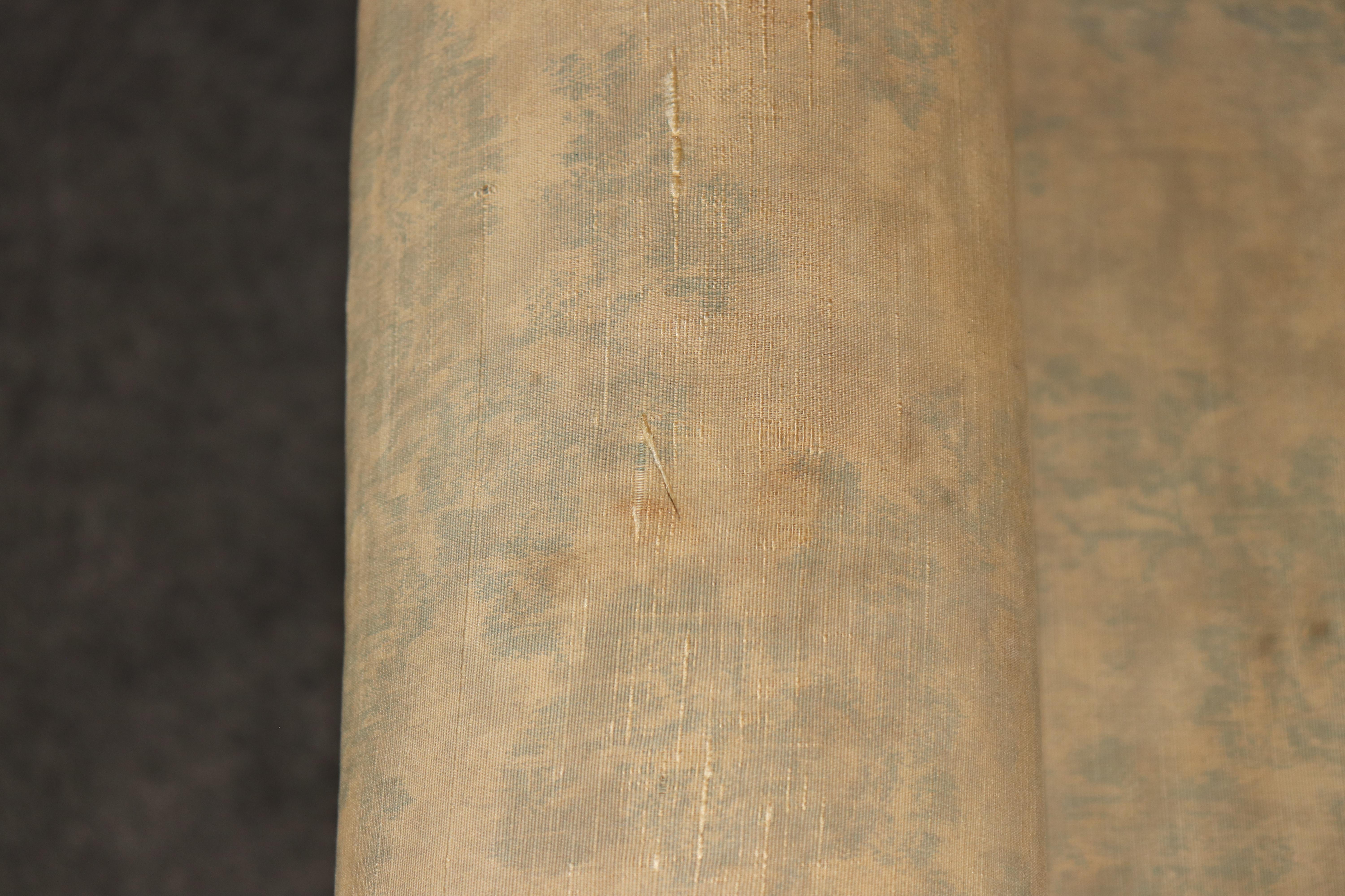 Superb Carved Distressed Painted French Rolled Arm Louis XVI Window Bench For Sale 5