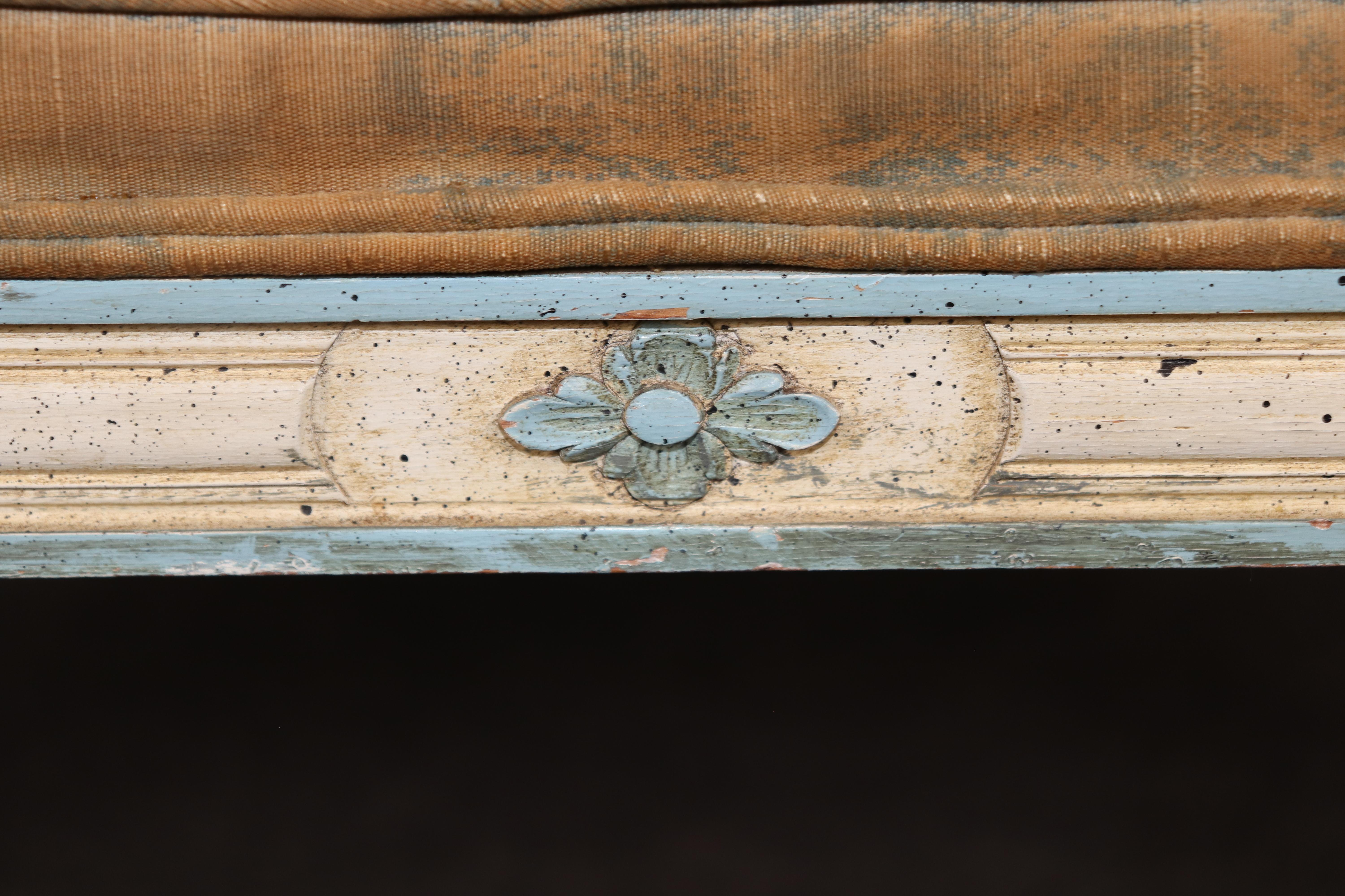 Superb Carved Distressed Painted French Rolled Arm Louis XVI Window Bench For Sale 7