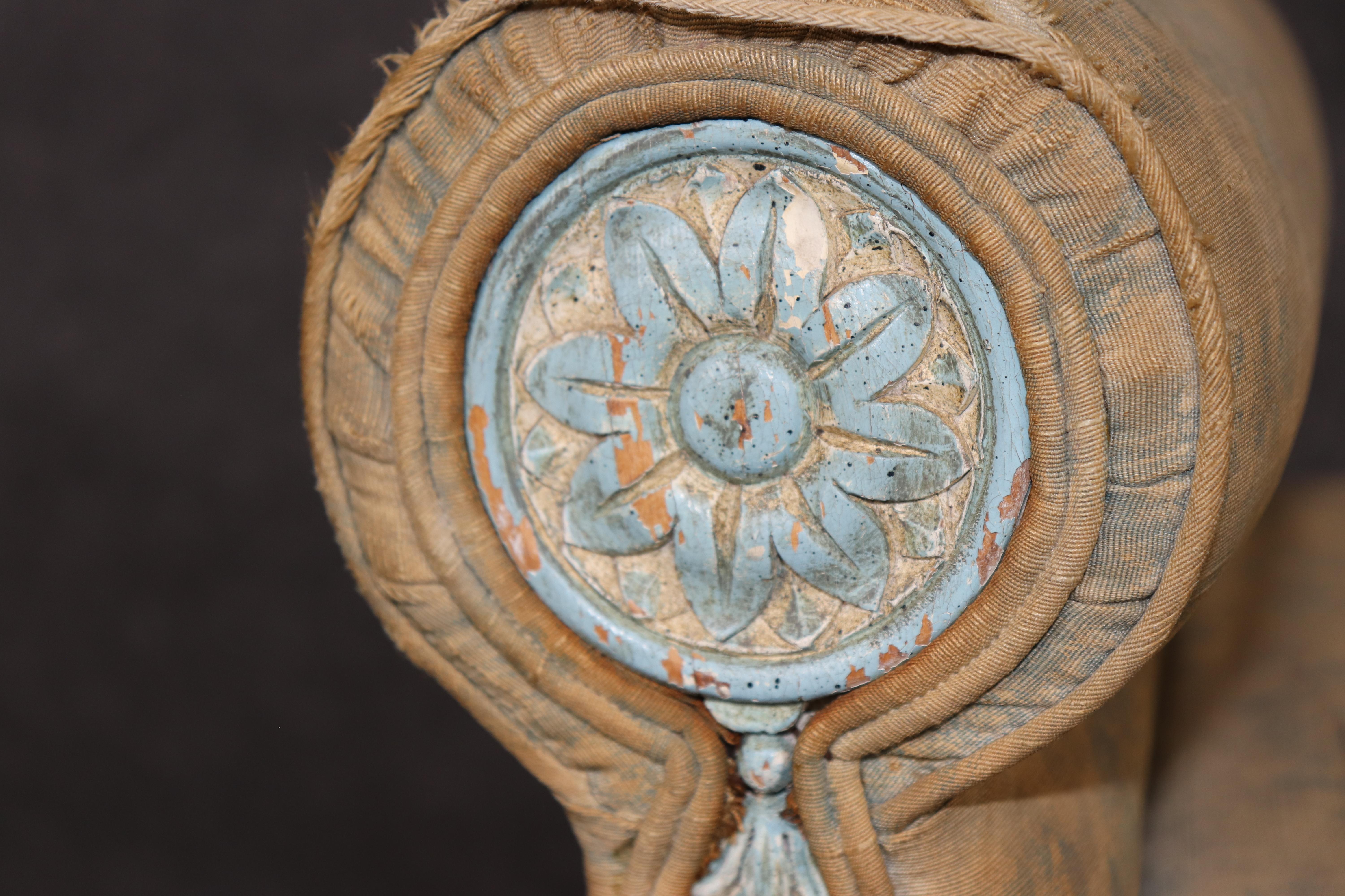 Superb Carved Distressed Painted French Rolled Arm Louis XVI Window Bench For Sale 8