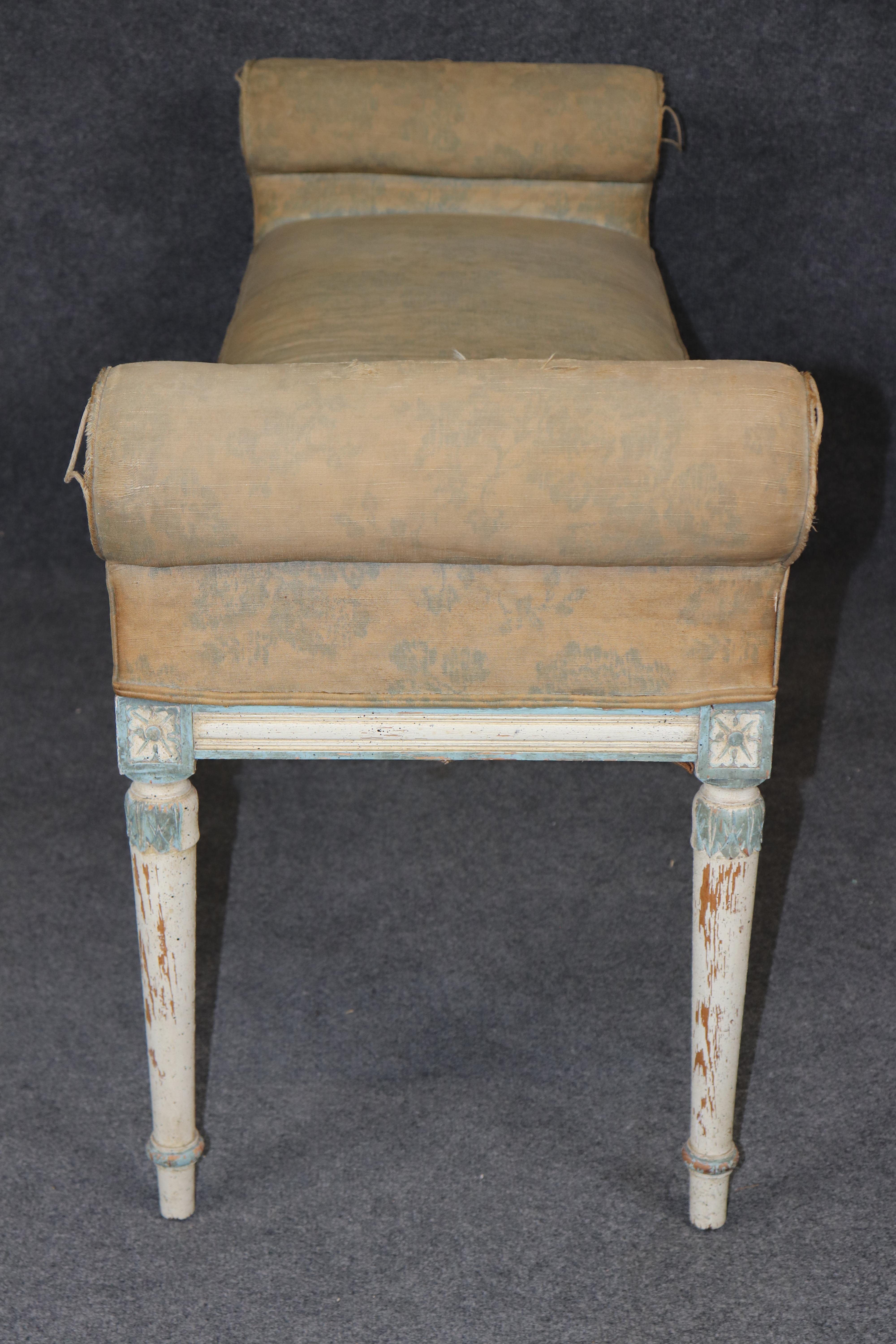 Mid-20th Century Superb Carved Distressed Painted French Rolled Arm Louis XVI Window Bench For Sale