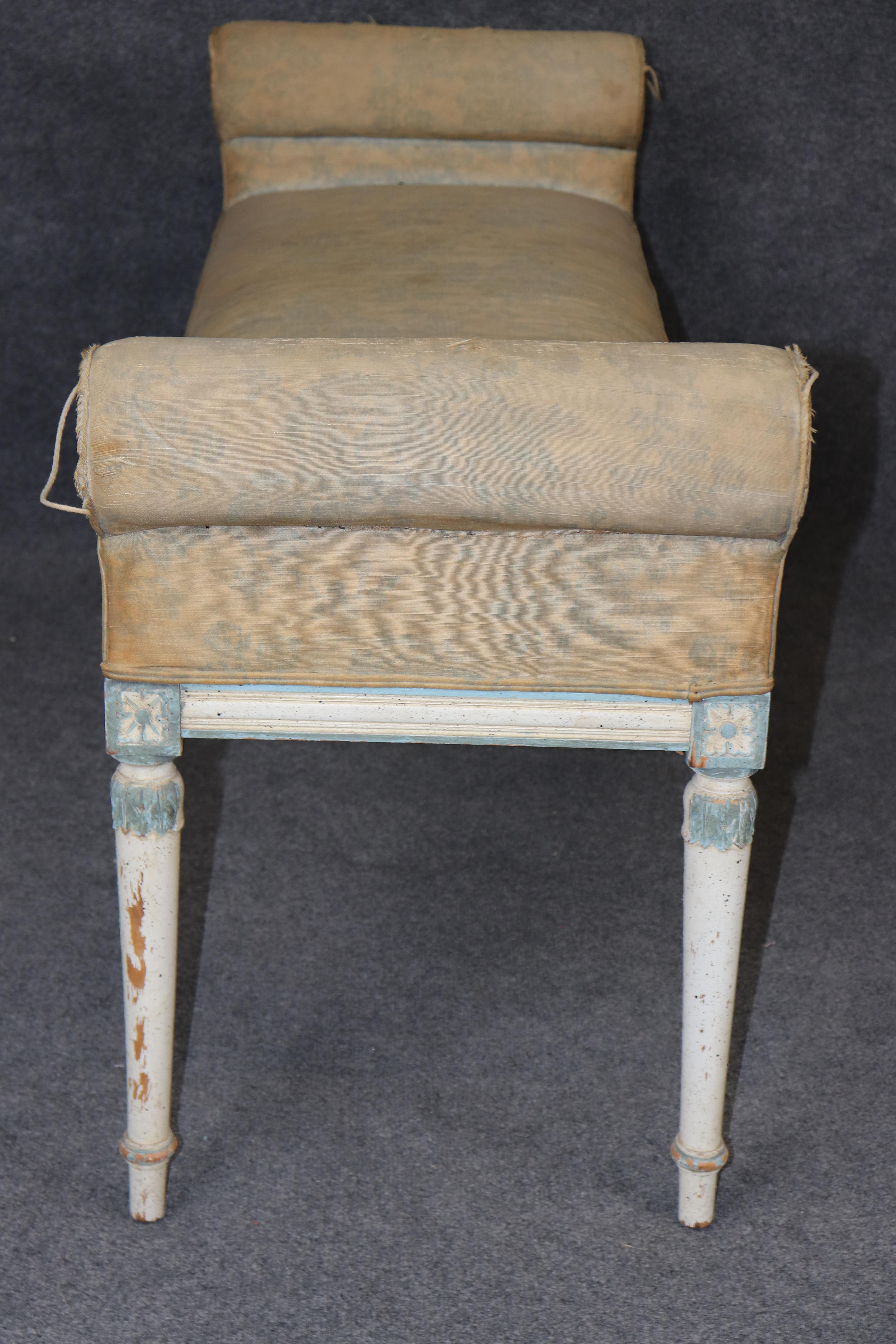 Superb Carved Distressed Painted French Rolled Arm Louis XVI Window Bench For Sale 1