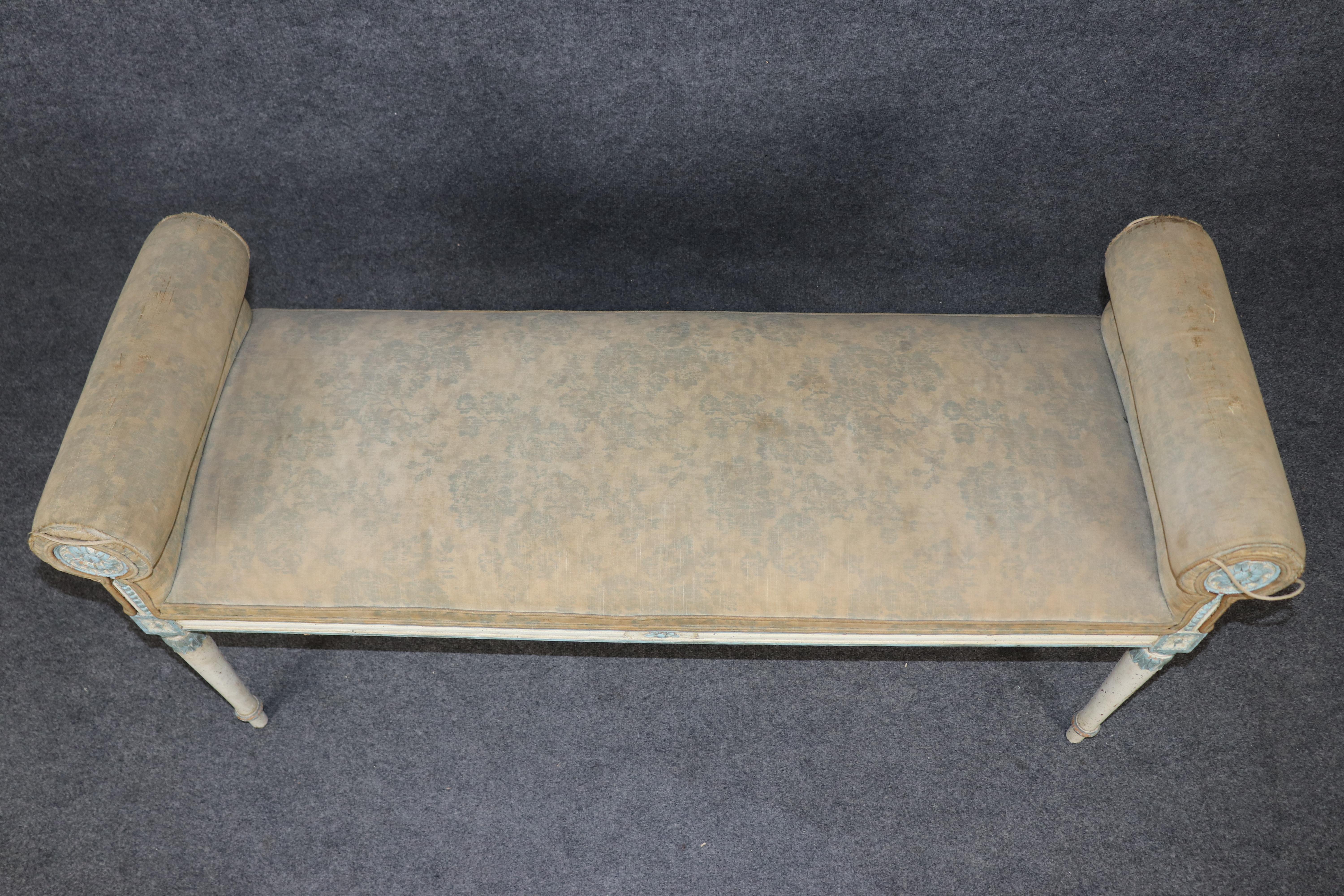 Superb Carved Distressed Painted French Rolled Arm Louis XVI Window Bench For Sale 2