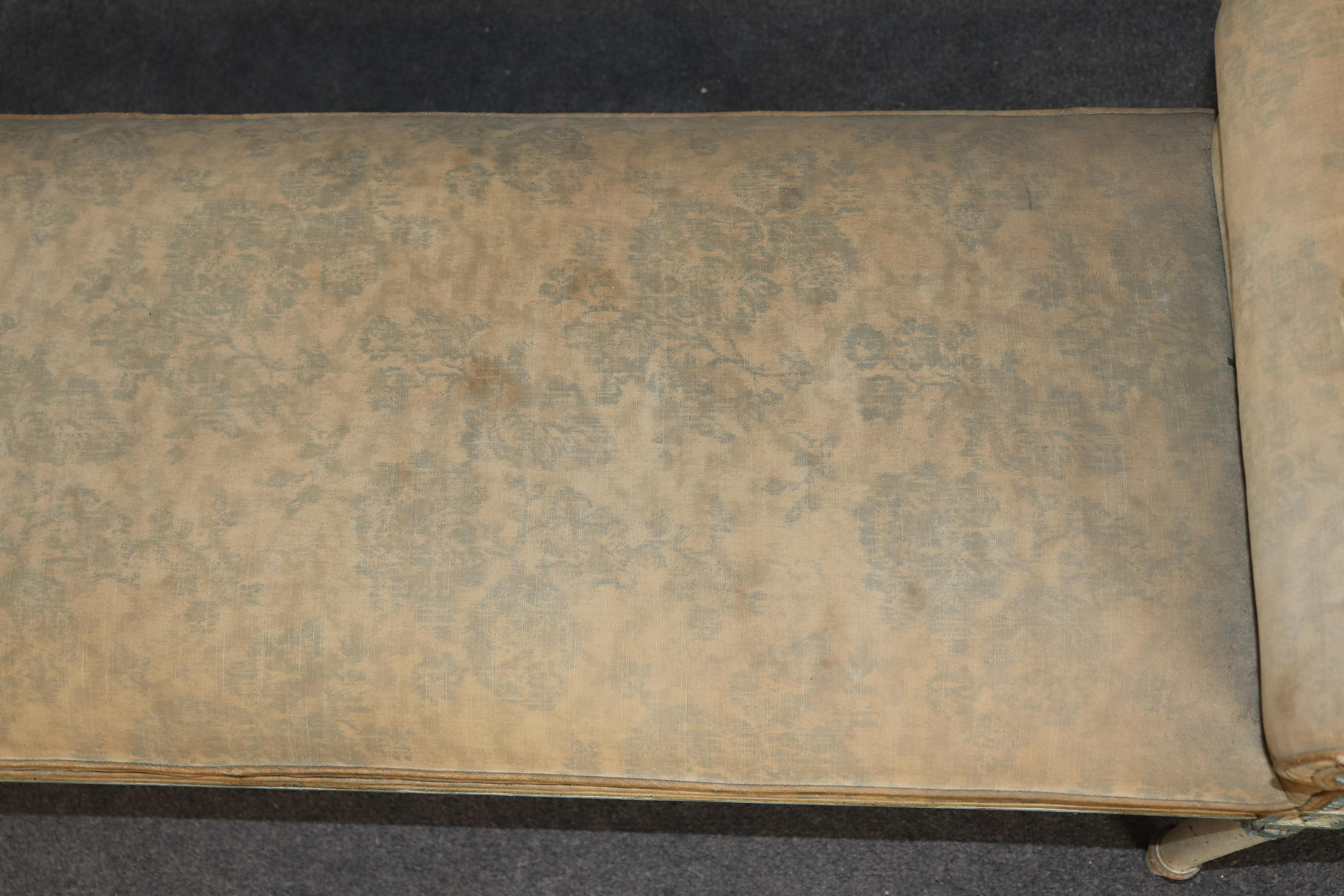 Superb Carved Distressed Painted French Rolled Arm Louis XVI Window Bench For Sale 3