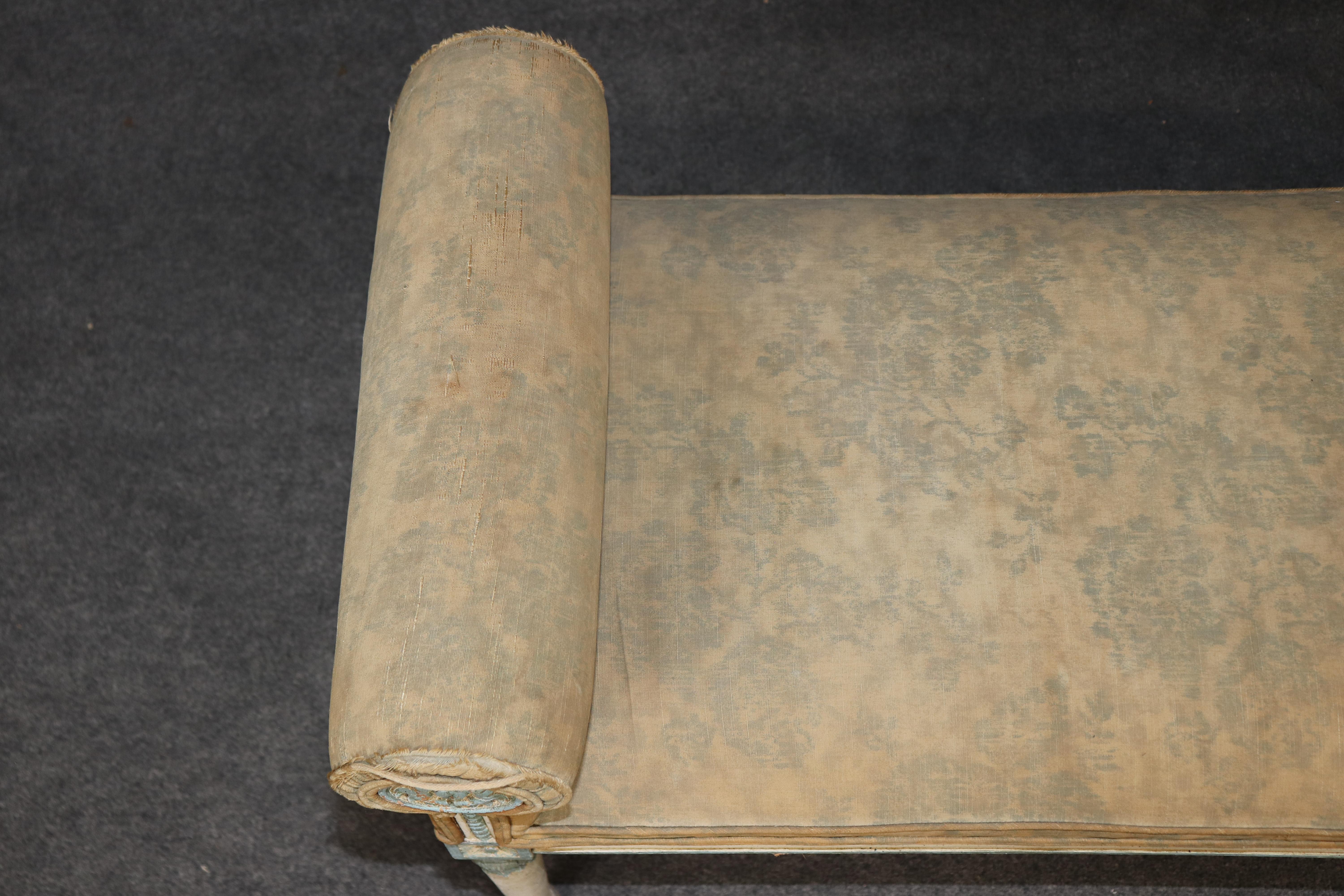 Superb Carved Distressed Painted French Rolled Arm Louis XVI Window Bench For Sale 4