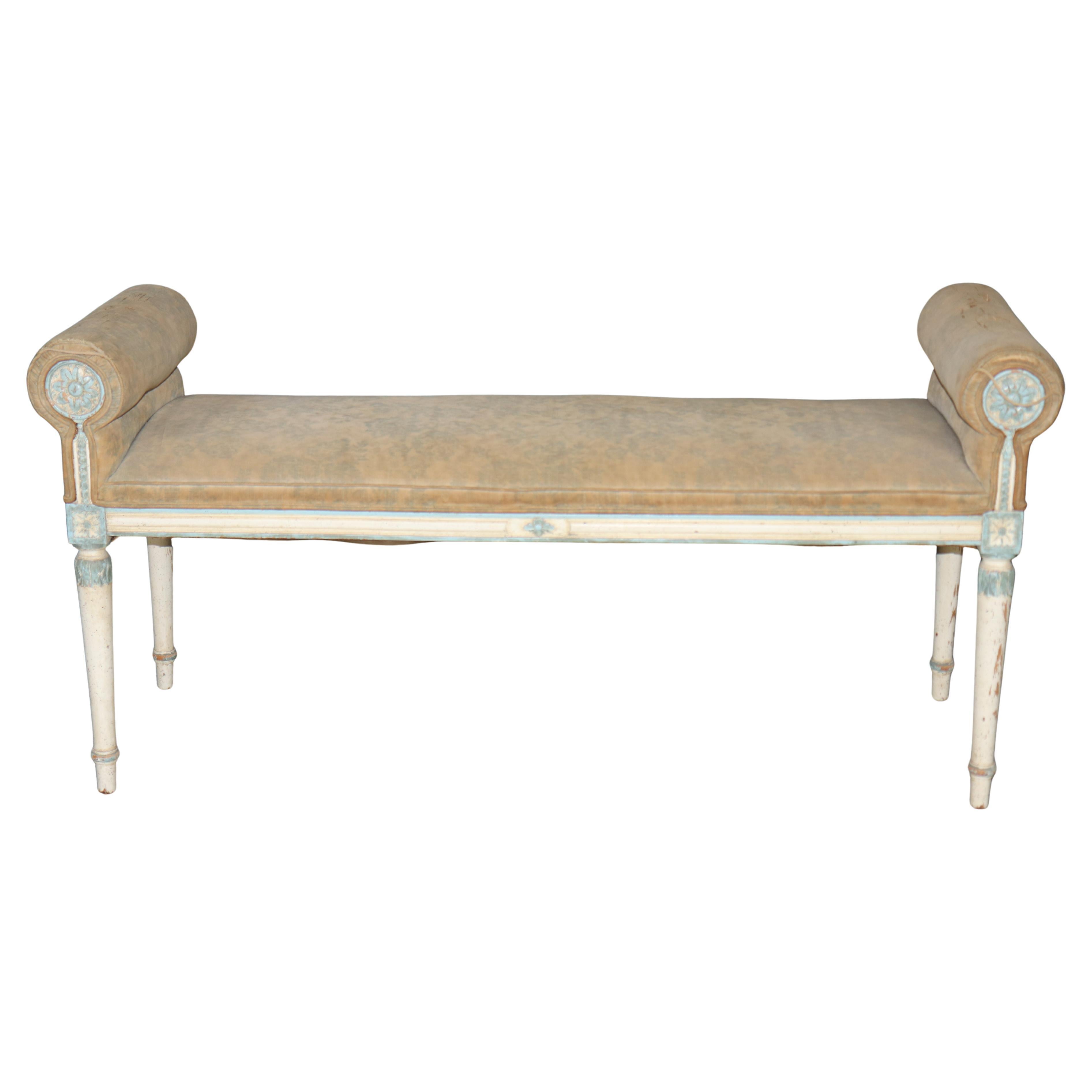 Superb Carved Distressed Painted French Rolled Arm Louis XVI Window Bench