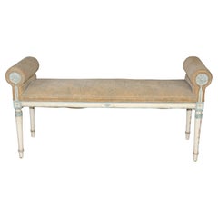 Superb Carved Distressed Painted French Rolled Arm Louis XVI Window Bench
