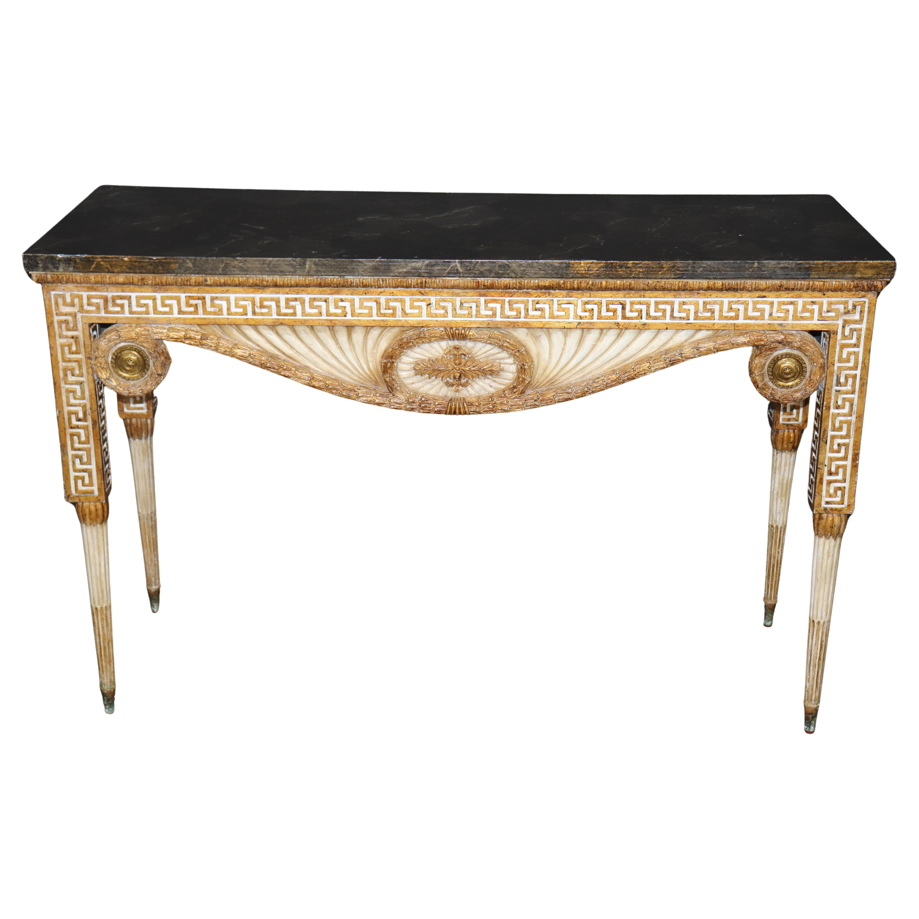Superb Carved Faux Painted Marble Top Greek Key Italian Console Table For Sale