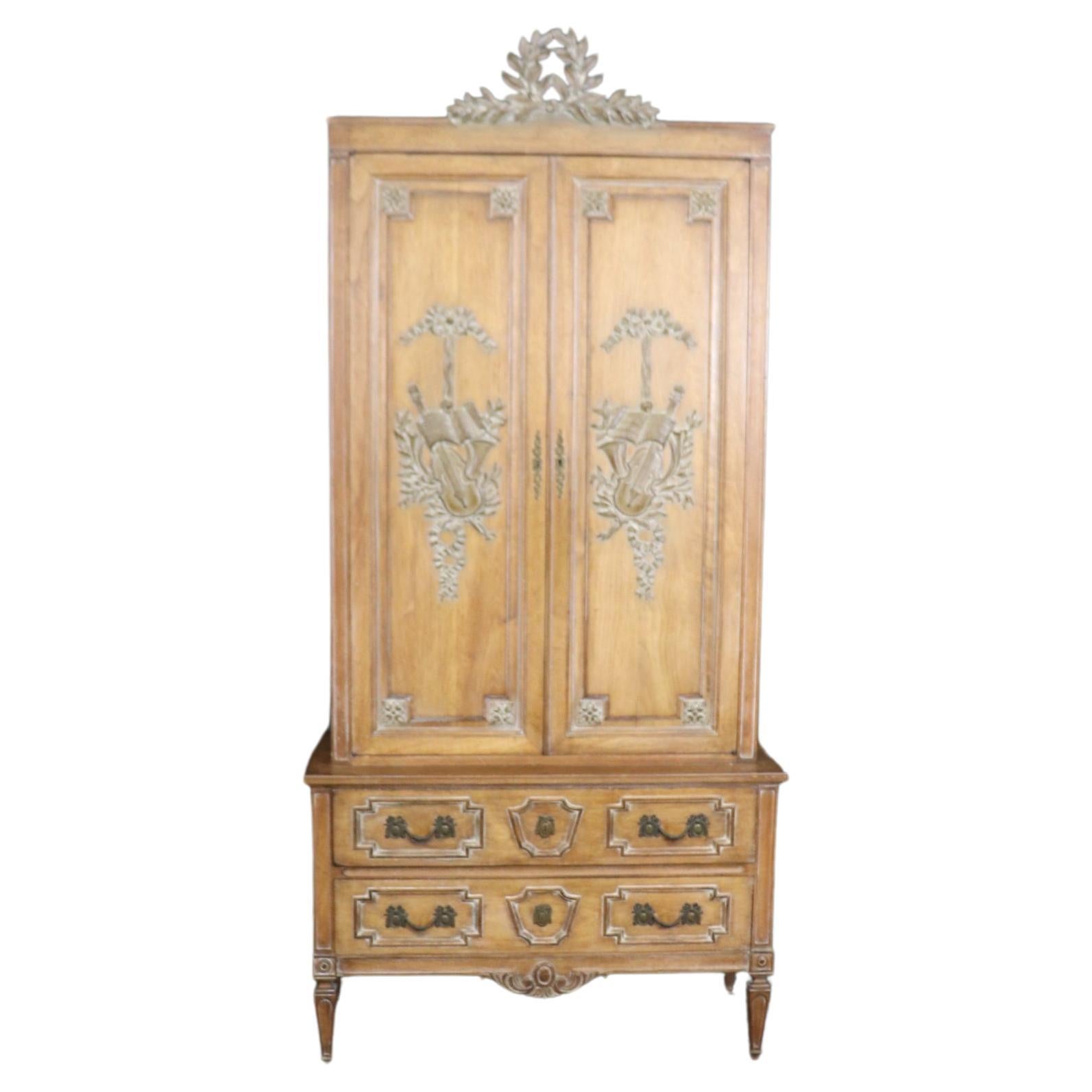 Superb Carved French Auffray Style Louis XVI Limed Walnut Armoire with Wreath For Sale