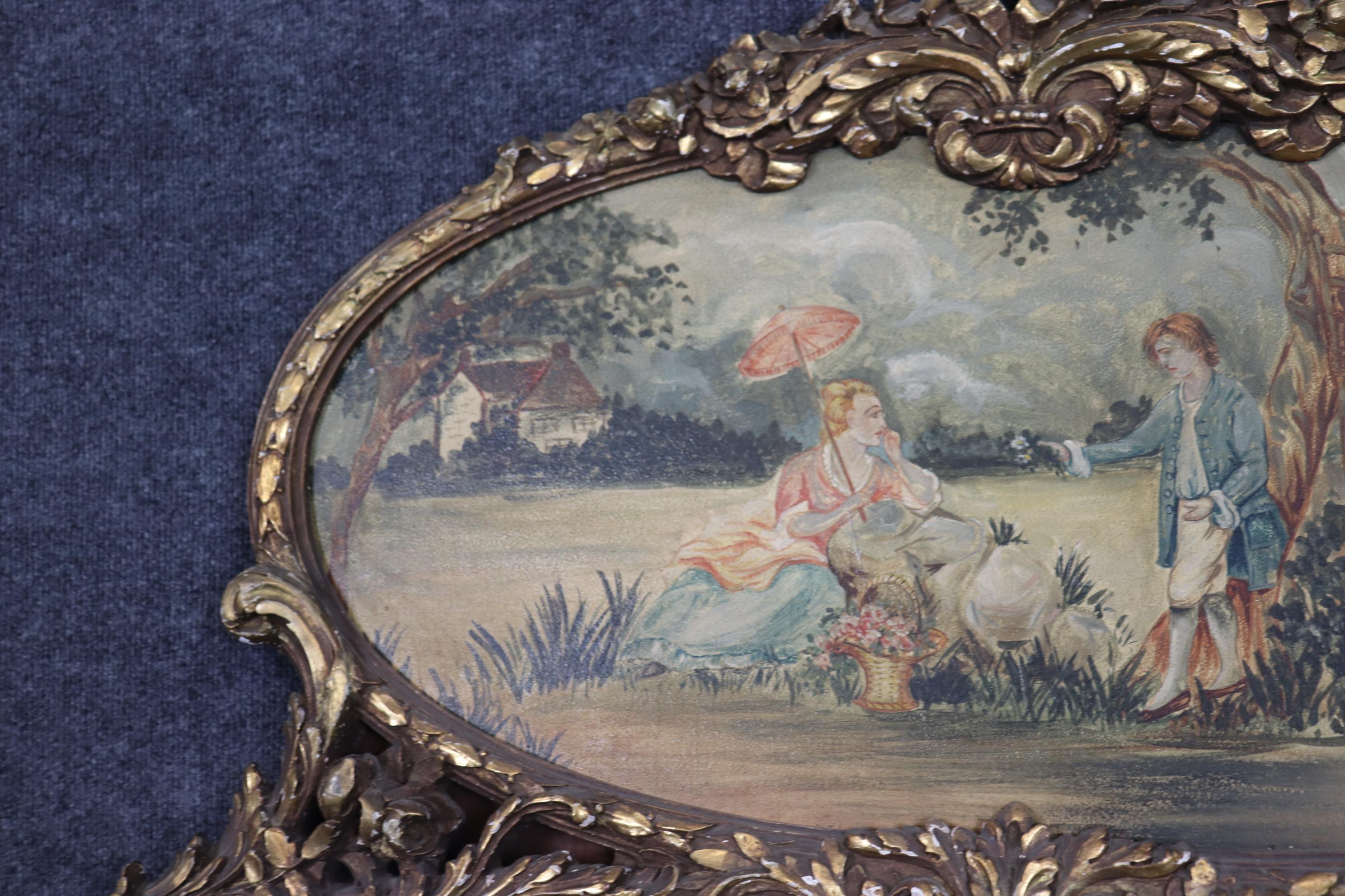 Mirror Superb Carved French Louis XV Giltwood Oil on Board Courtship Painted Scene For Sale