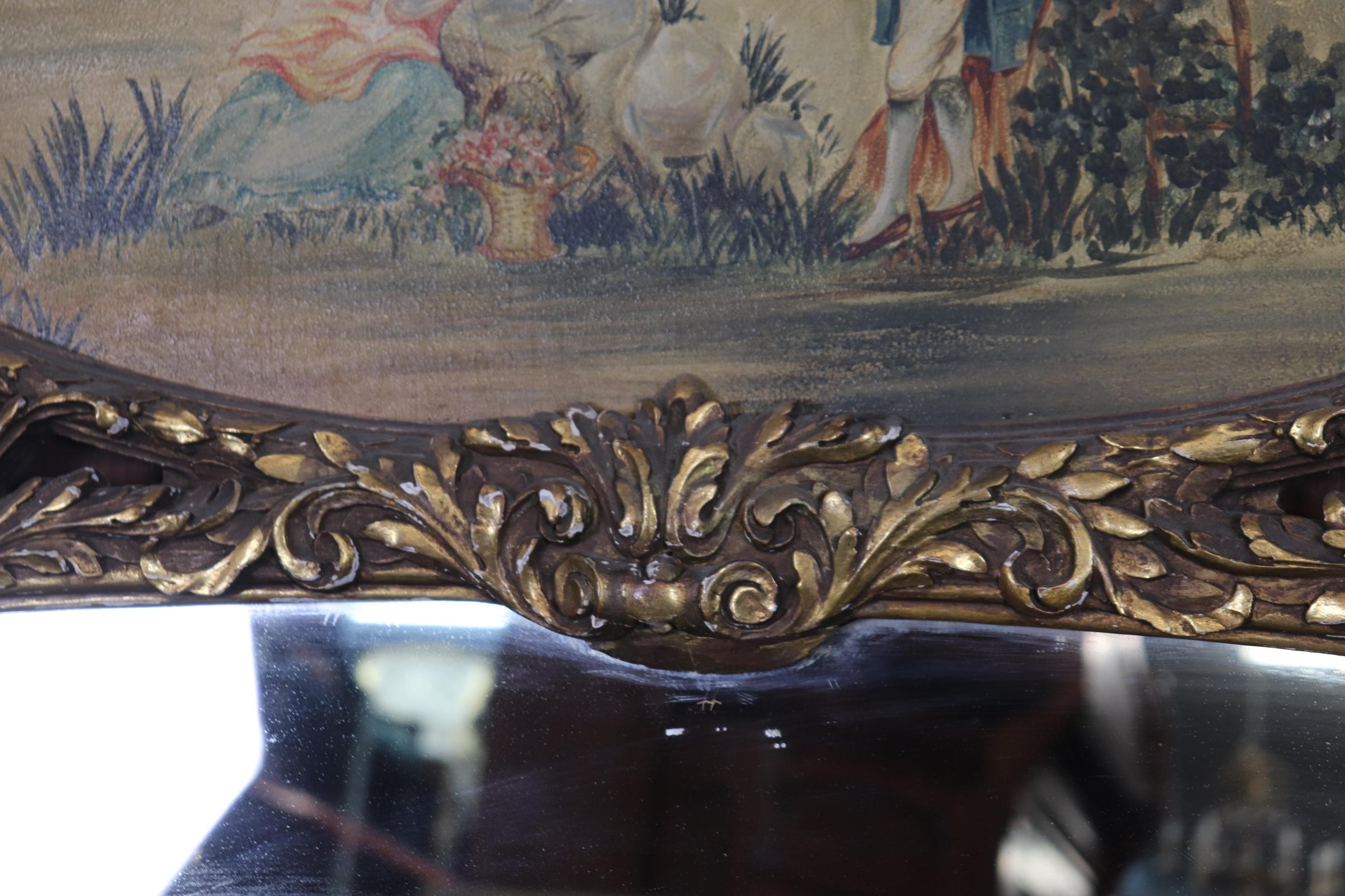 Superb Carved French Louis XV Giltwood Oil on Board Courtship Painted Scene For Sale 3