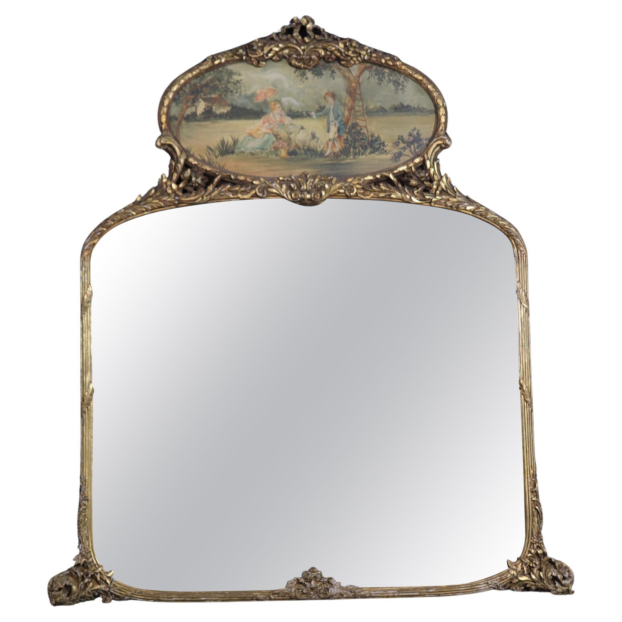 Superb geschnitzt Französisch Louis XV Giltwood Öl auf Brett Courtship gemalt Szene im Angebot
