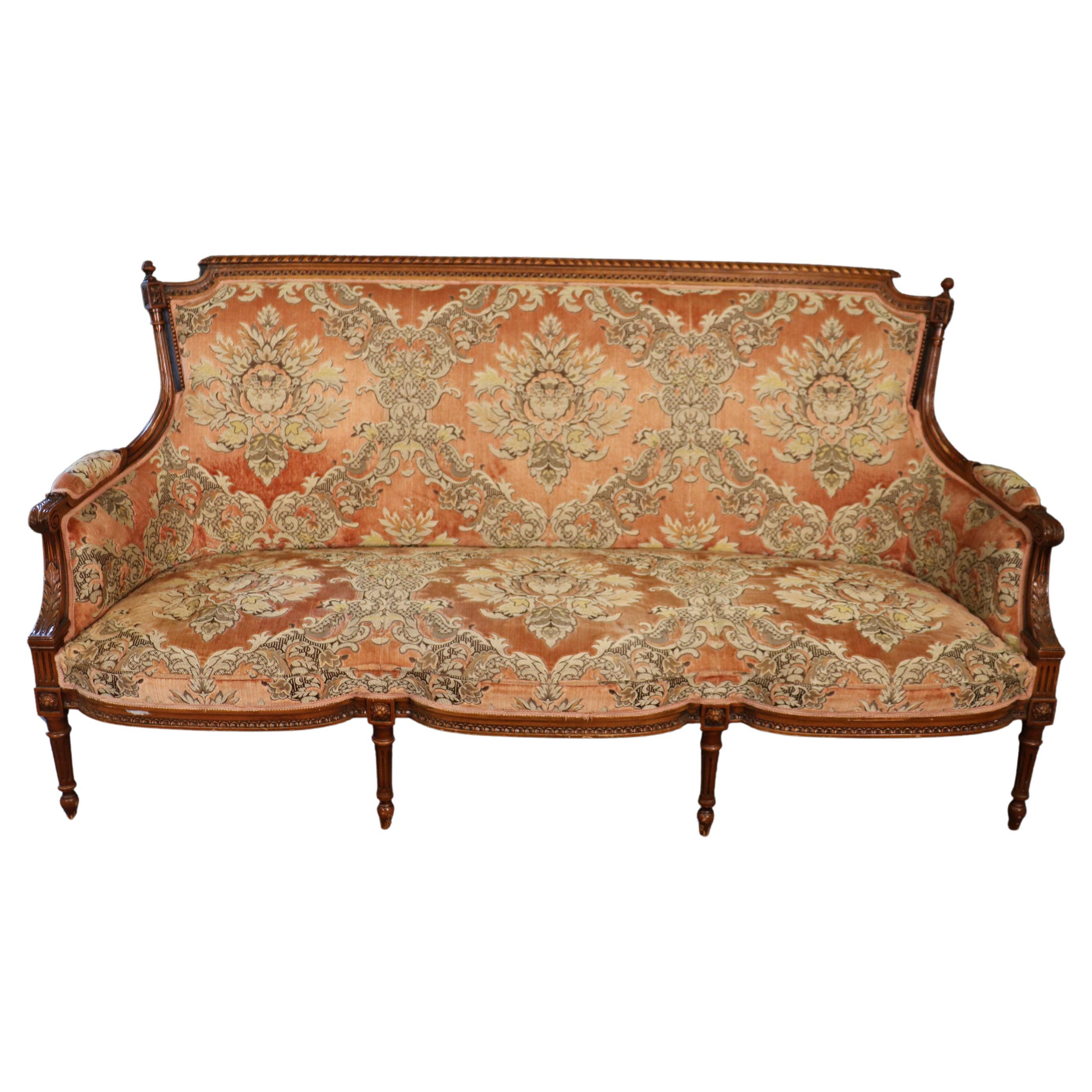 Superb Carved Walnut French Louis XVI Settee Canape Sofa circa 1940